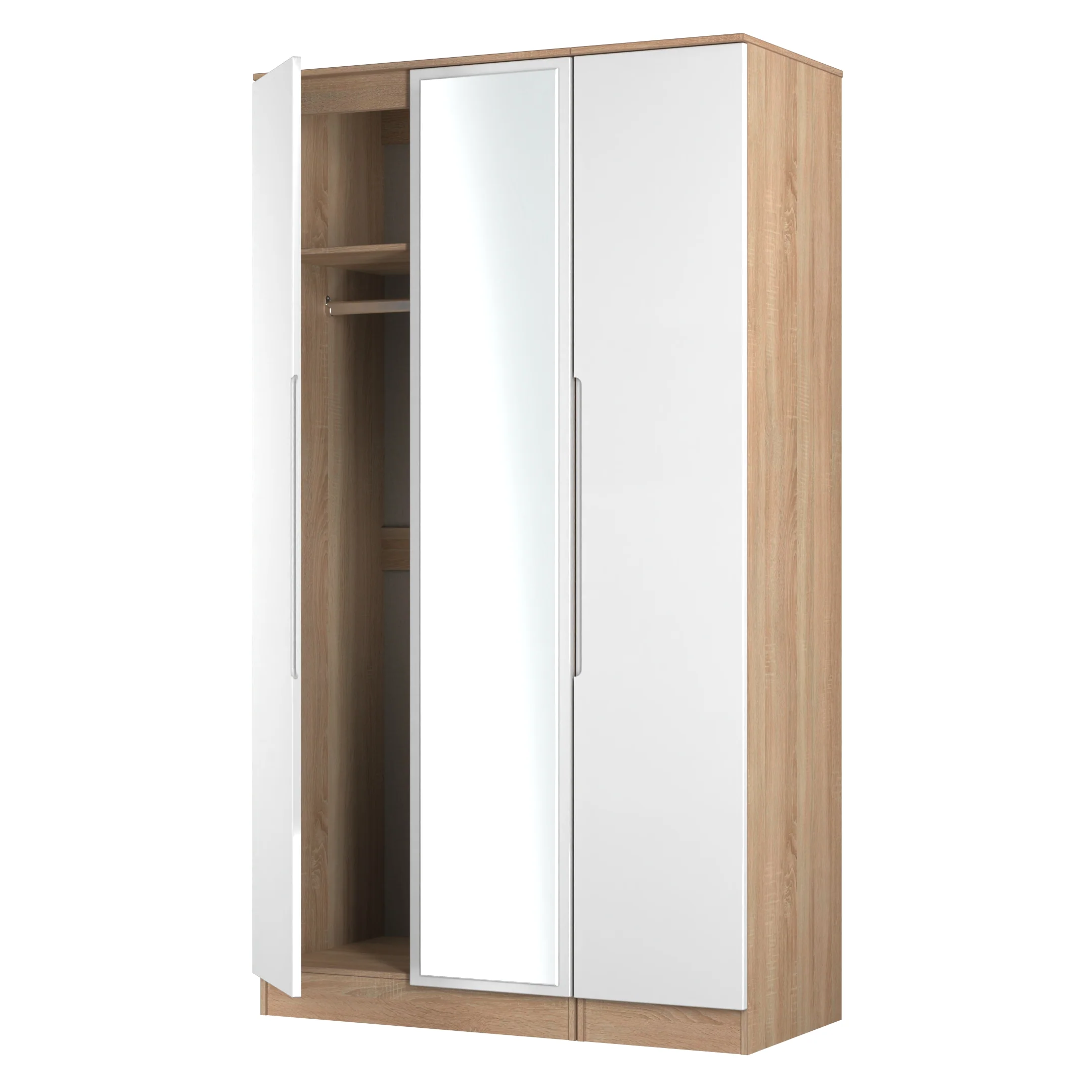 Milan Tall Triple Mirror Wardrobe in White Gloss & Bardolino Oak - Ready Assembled - Image 6