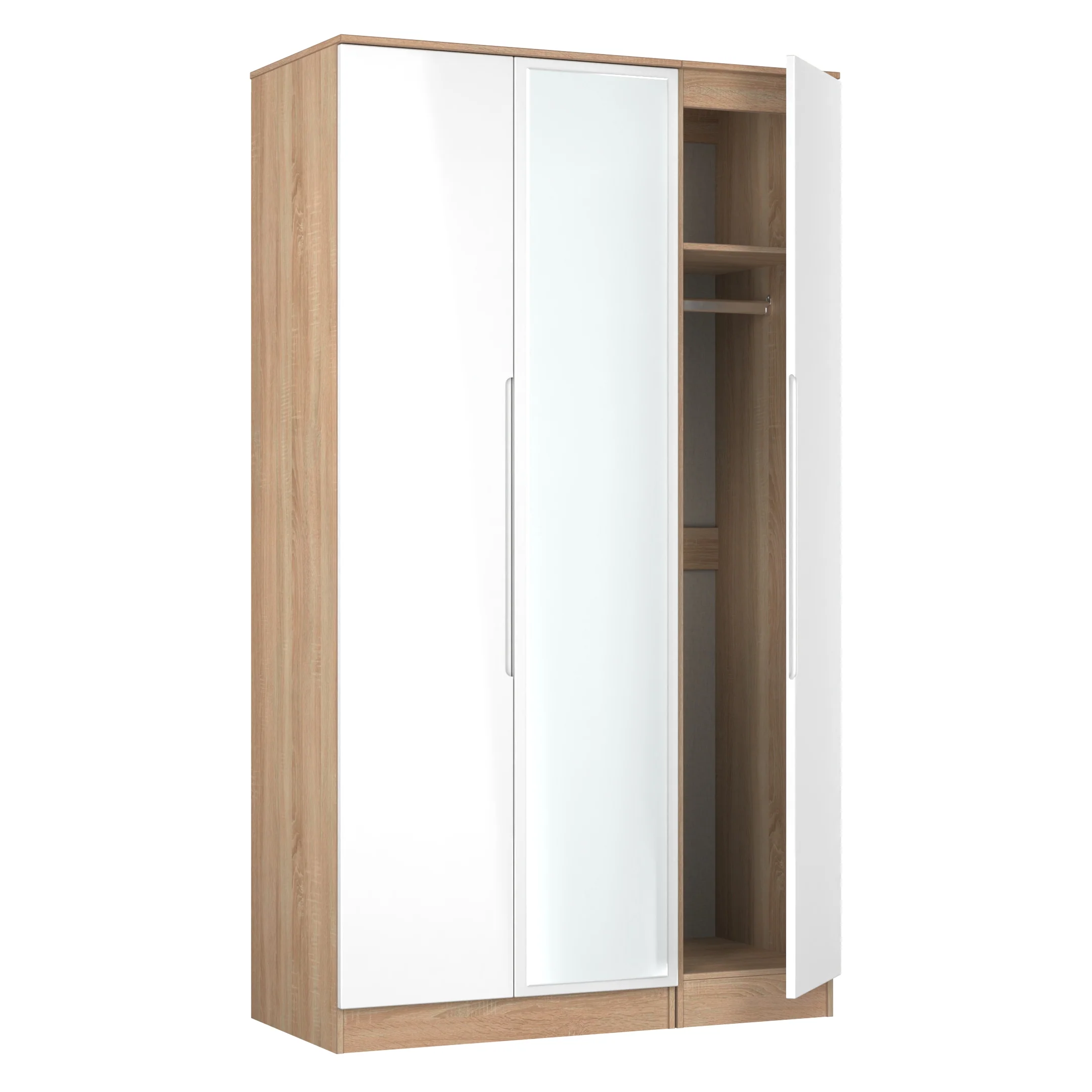 Milan Tall Triple Mirror Wardrobe in White Gloss & Bardolino Oak - Ready Assembled - Image 7