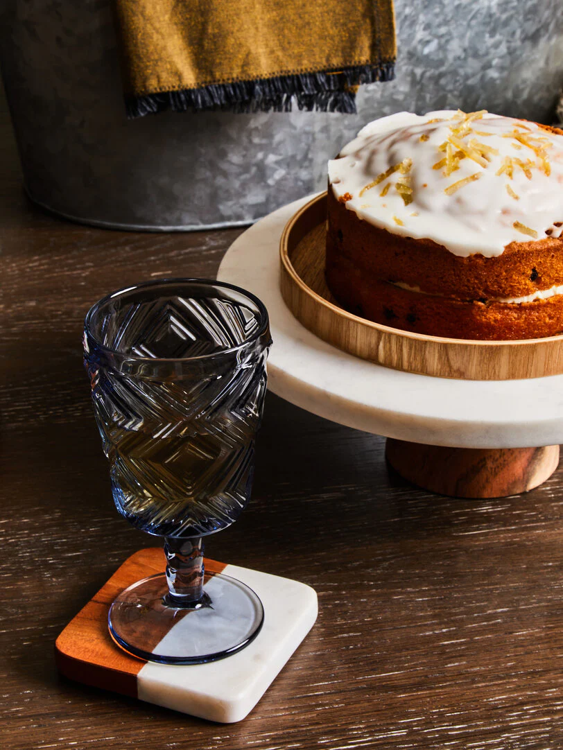 Monzaro Round White Marble And Acacia Wood Cake Stand - Image 3