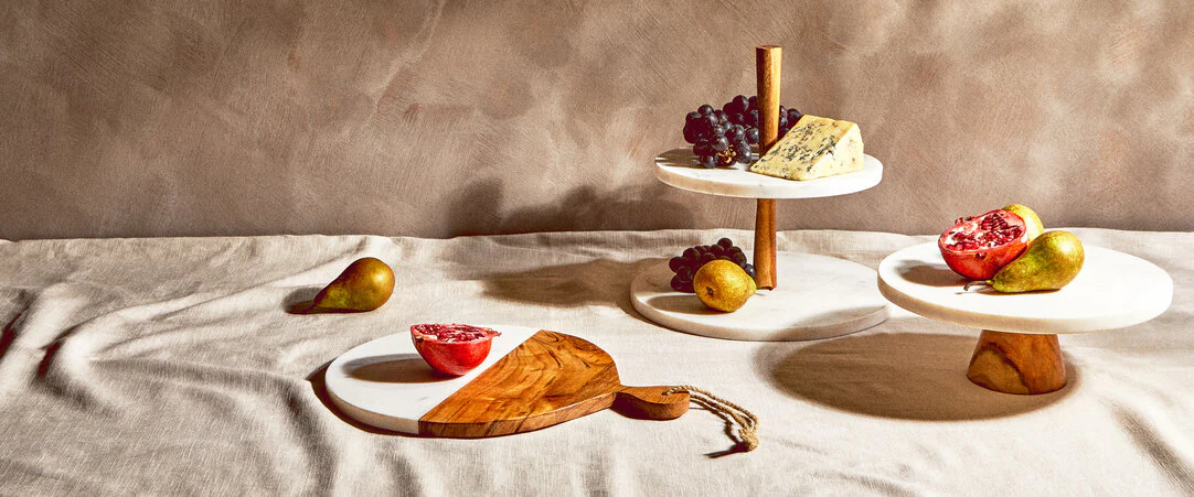 Monzaro Round White Marble And Acacia Wood Cake Stand - Image 4