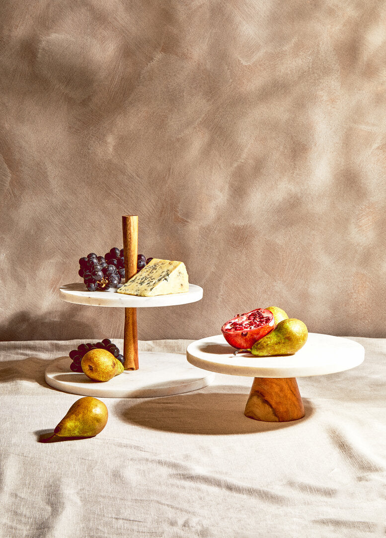 Monzaro Round White Marble And Acacia Wood Cake Stand - Image 6