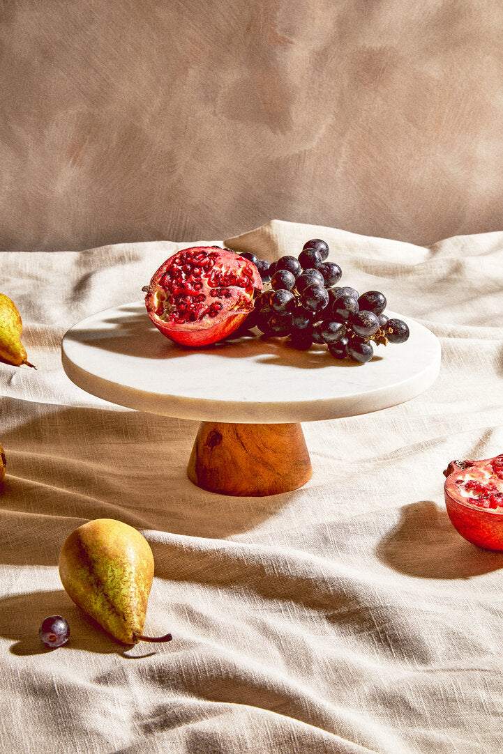 Monzaro Round White Marble And Acacia Wood Cake Stand - Image 7