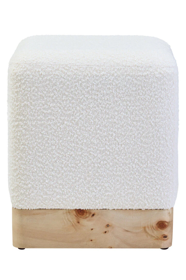 Mota Burl Wood And Cream Boucle Sqaure Stool