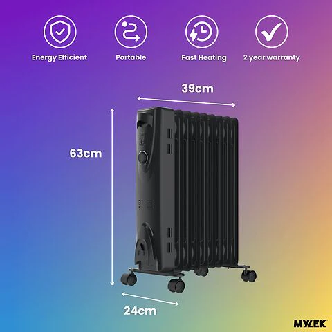 MYLEK Oil Filled Heater Radiator Thermostat 3 Heat Settings And Timer Charcoal Grey - Image 10