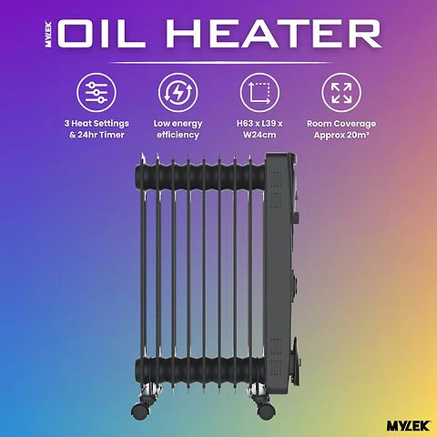 MYLEK Oil Filled Heater Radiator Thermostat 3 Heat Settings And Timer Charcoal Grey - Image 3