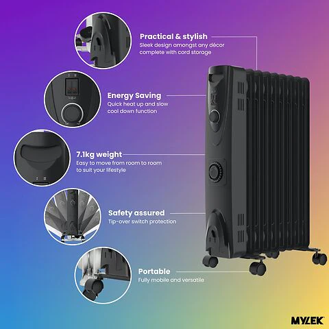 MYLEK Oil Filled Heater Radiator Thermostat 3 Heat Settings And Timer Charcoal Grey - Image 4