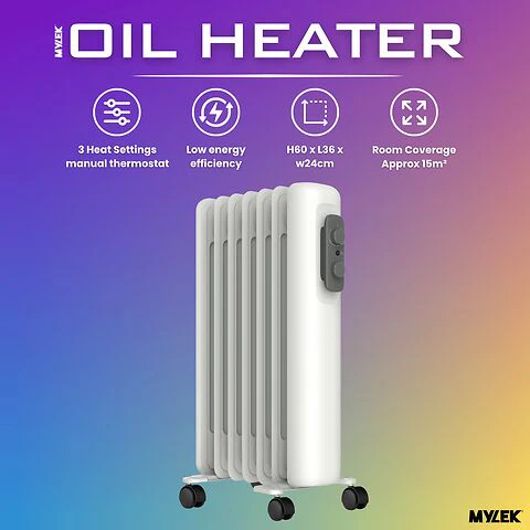 Mylek Oil Filled Radiator Electric Heater Portable With Adjustable Thermostat - White - Image 3
