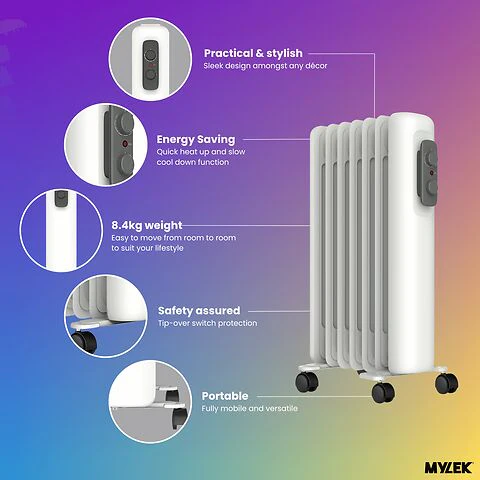 Mylek Oil Filled Radiator Electric Heater Portable With Adjustable Thermostat - White - Image 4