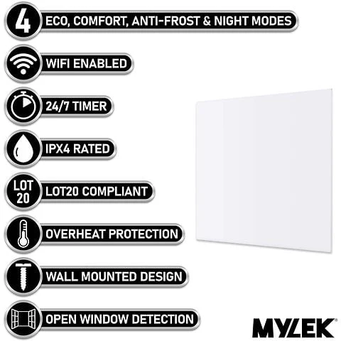 MYLEK Panel Space Heater White 2KW Eco, Smart and WiFi App Slimline Low Energy - Wall Mounted, Bathroom IPX4 - Image 4