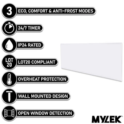 MYLEK Wall Mounted Slimline White Low Level Panel Heater 1000w Daily and Weekly Timer, Digital Thermostat - Image 2