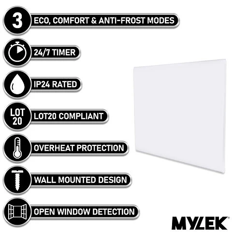 MYLEK Wall Mounted Slimline White Panel Heater Daily And Weekly Timer, Digital Thermostat - Image 3