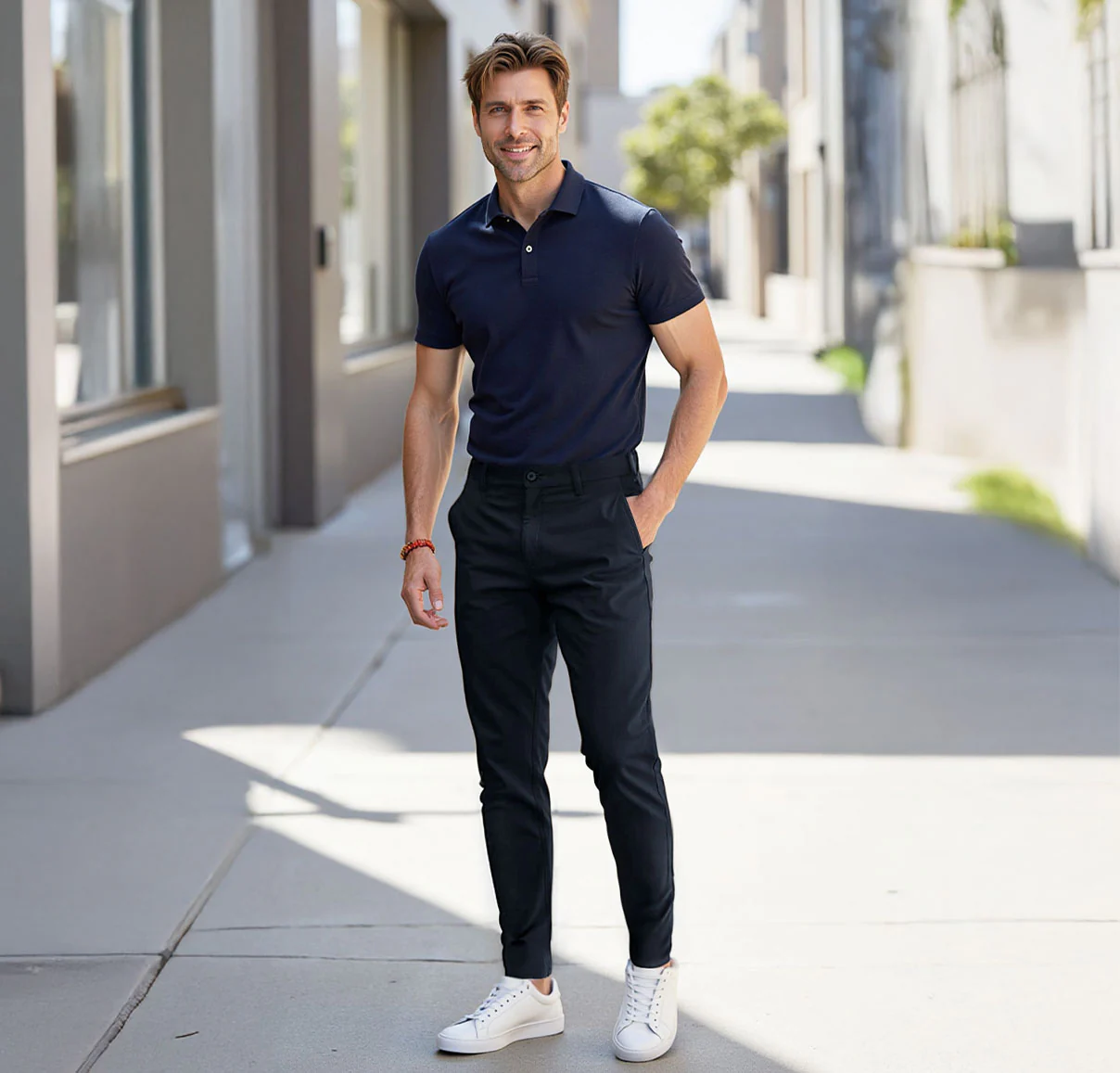 Navy Blue Cotton Twill Straight Leg Trousers