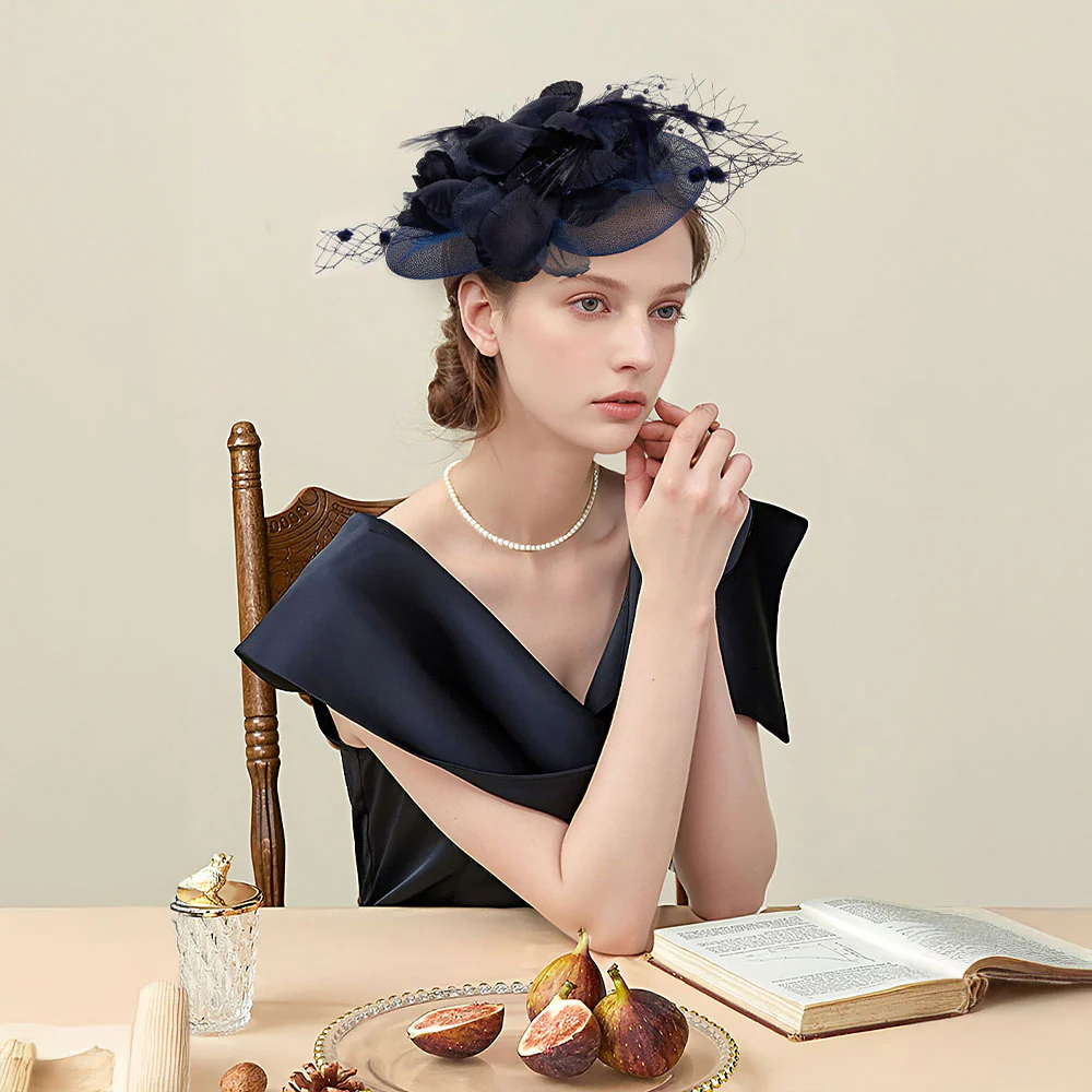 Navy Blue Feather Flower Mesh Fascinator