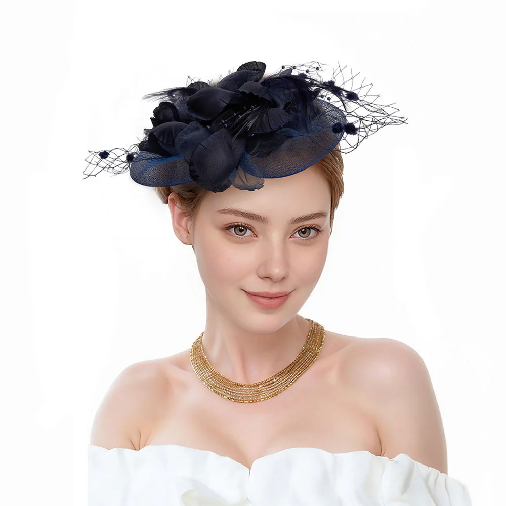 Navy Blue Feather Flower Mesh Fascinator - Image 2