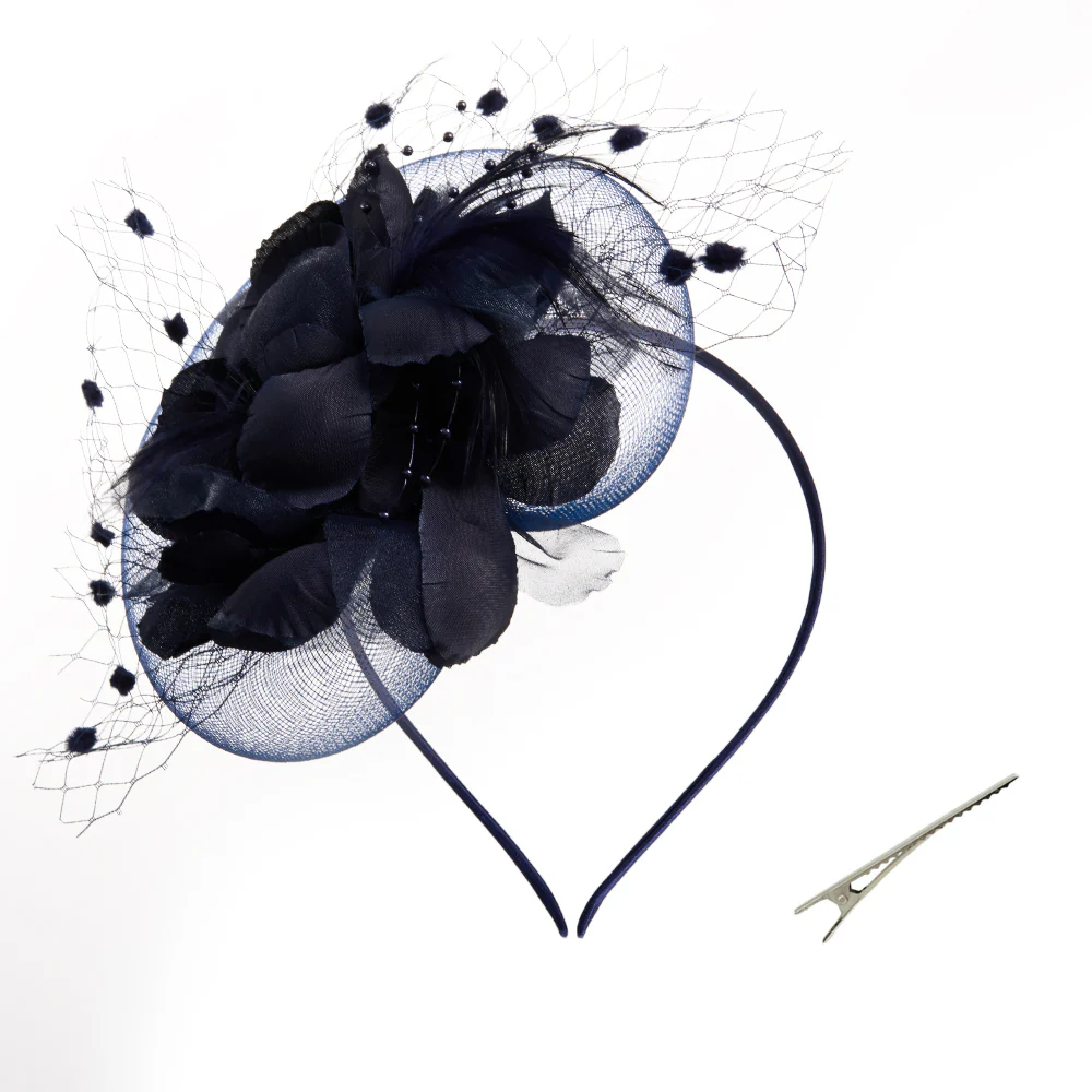 Navy Blue Feather Flower Mesh Fascinator - Image 3