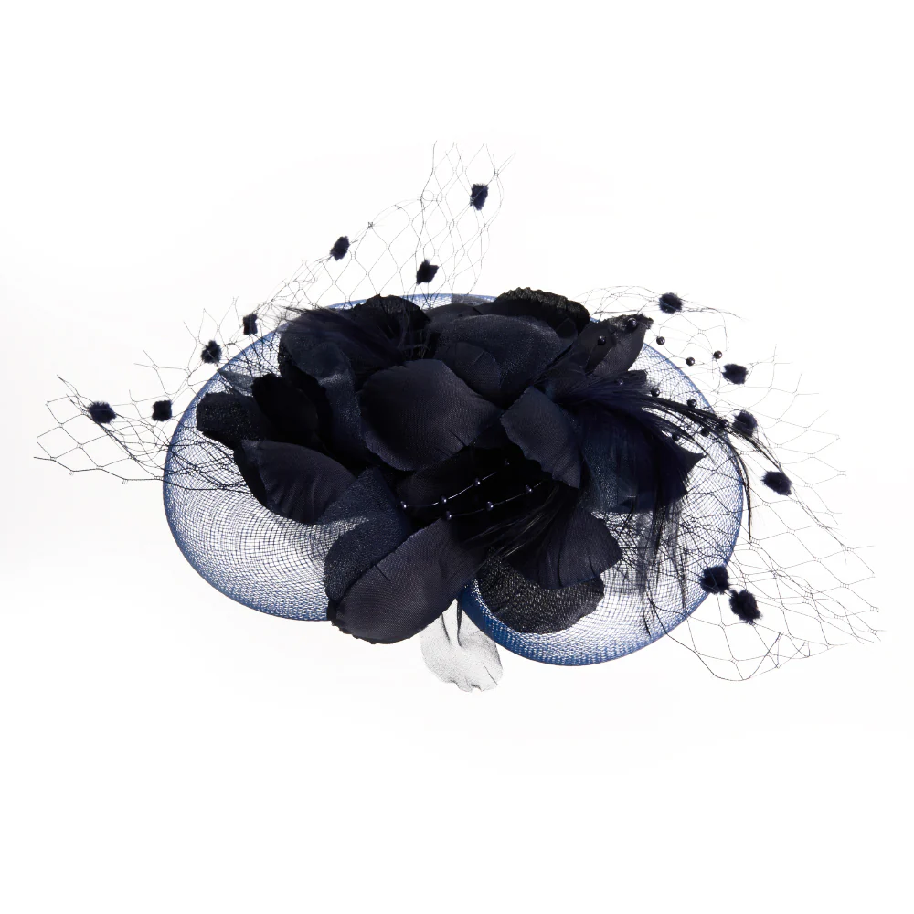 Navy Blue Feather Flower Mesh Fascinator - Image 4