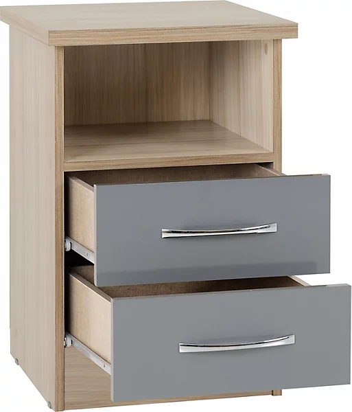 NEVADA 2 DRAWER BEDSIDE - GREY GLOSS/LIGHT OAK EFFECT VENEER - Image 2