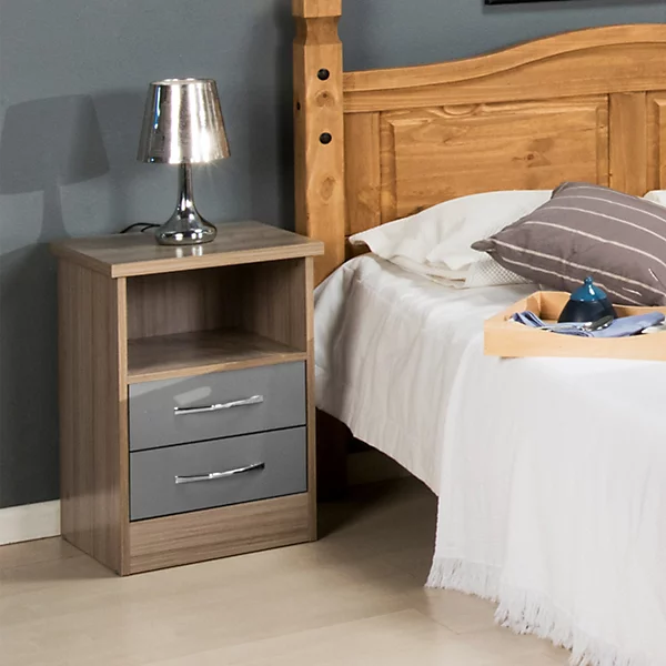 NEVADA 2 DRAWER BEDSIDE - GREY GLOSS/LIGHT OAK EFFECT VENEER - Image 8