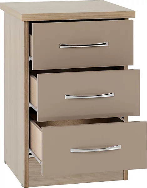 NEVADA 3 DRAWER BEDSIDE - OYSTER GLOSS/LIGHT OAK EFFECT VENEER - Image 2