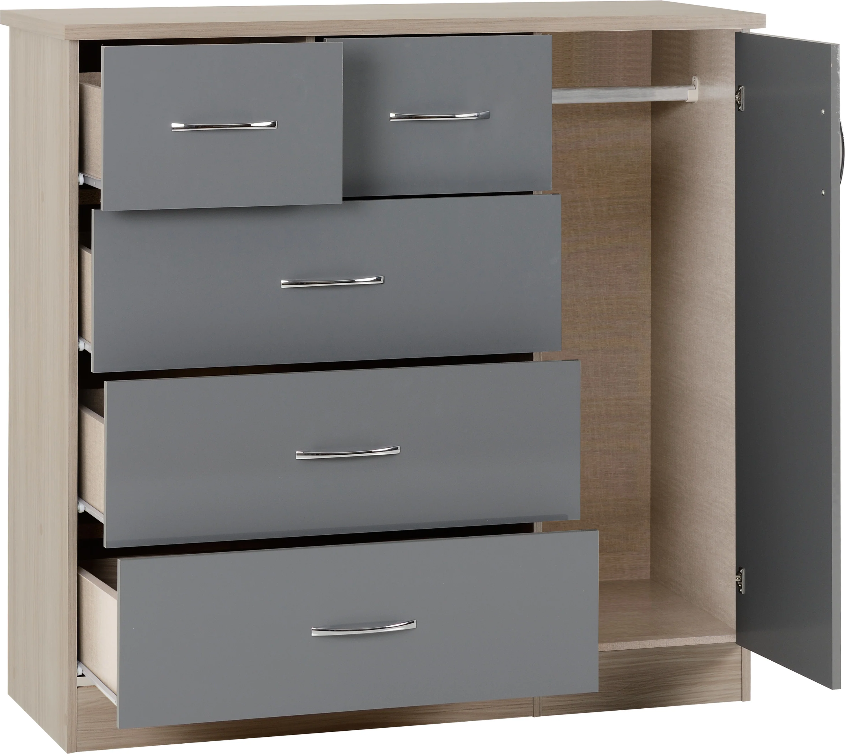NEVADA 5 DRAWER LOW WARDROBE - GREY GLOSS/LIGHT OAK EFFECT VENEER - Image 2