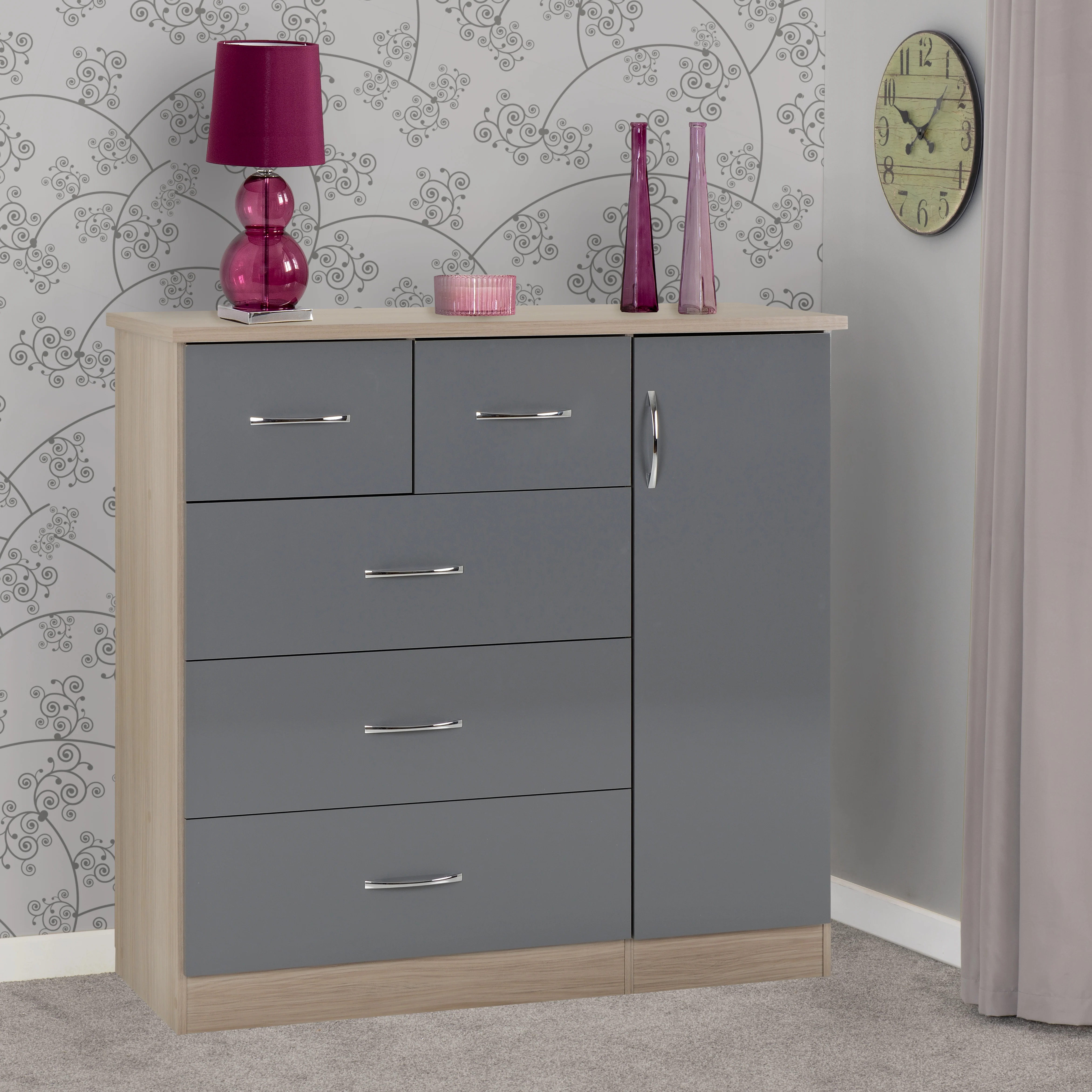 NEVADA 5 DRAWER LOW WARDROBE - GREY GLOSS/LIGHT OAK EFFECT VENEER - Image 8