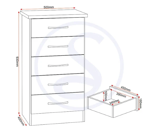 NEVADA 5 DRAWER NARROW CHEST - WHITE GLOSS - Image 8