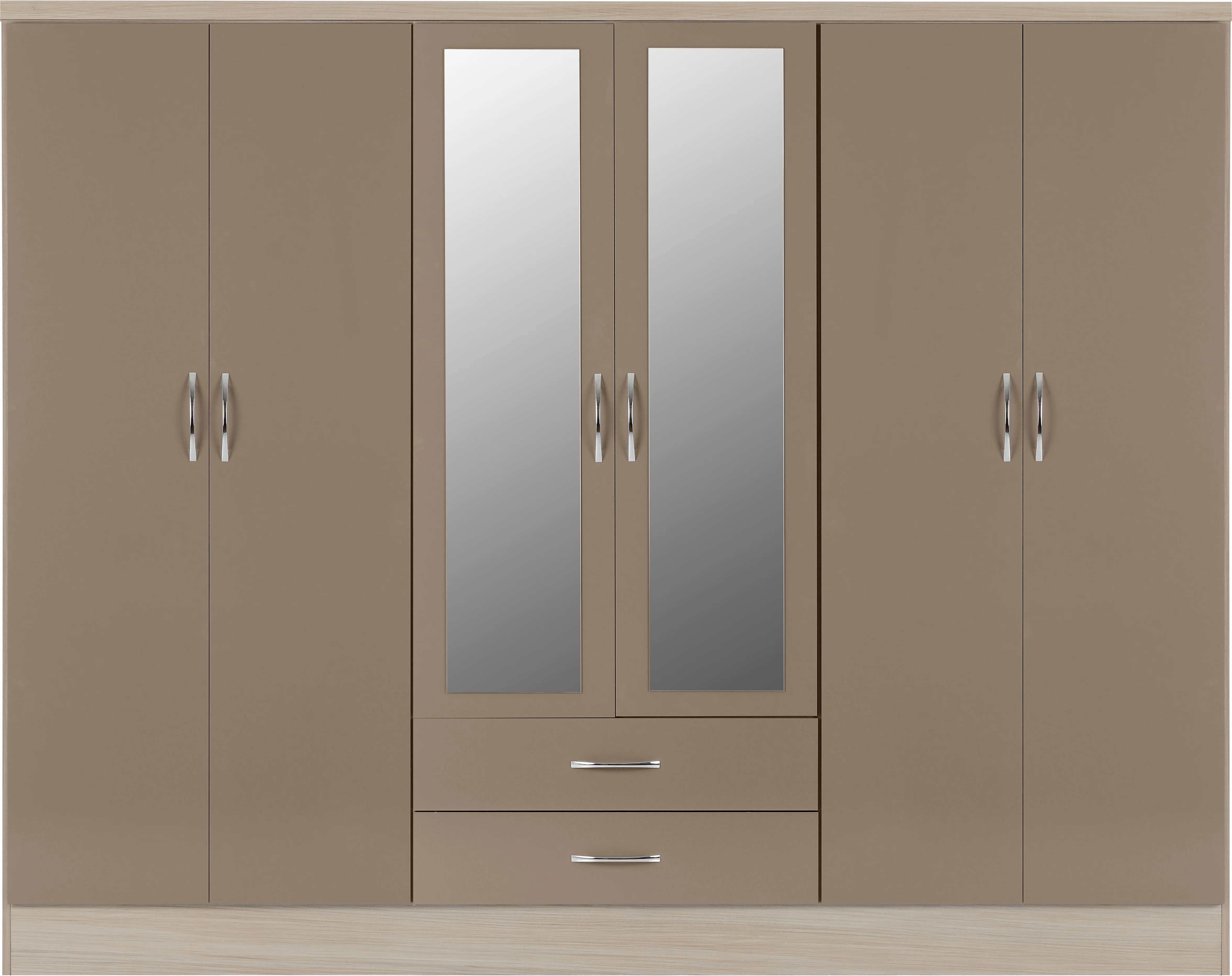NEVADA 6 DOOR 2 DRAWER WARDROBE - OYSTER GLOSS/LIGHT OAK EFFECT VENEER - Image 2
