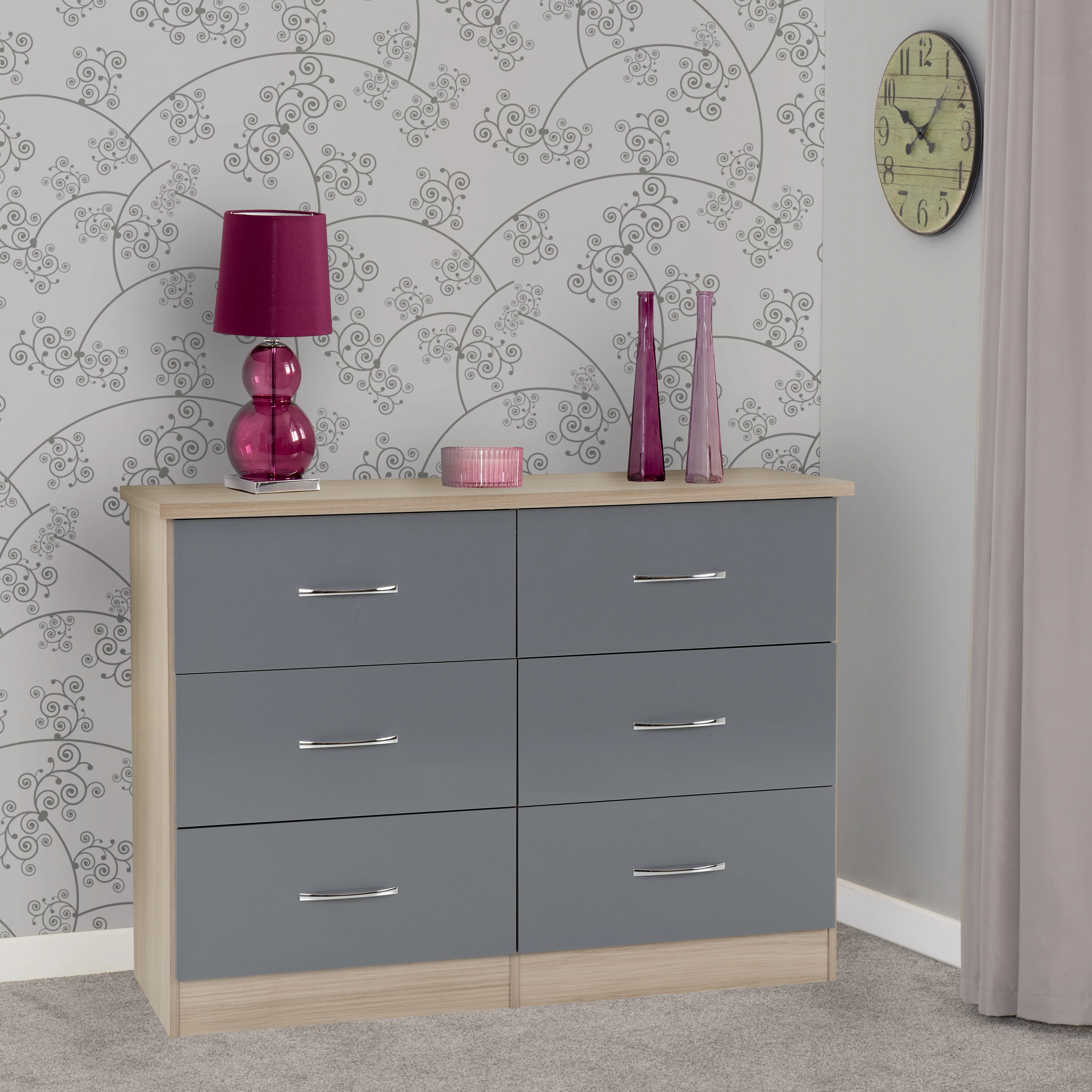 NEVADA 6 DRAWER CHEST - GREY GLOSS/LIGHT OAK EFFECT VENEER - Image 7