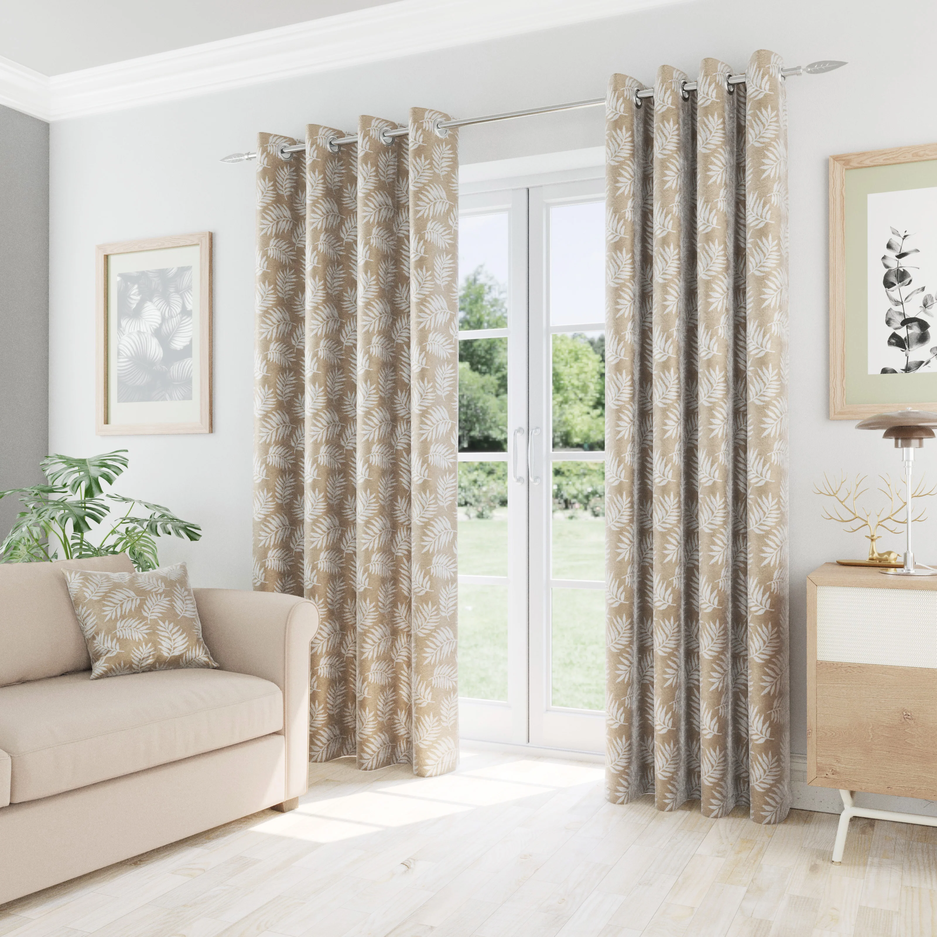 Oakland Latte Leaf Pattern, Thermal, Room Darkening Pair of Curtains with Eyelet Top - Image 2