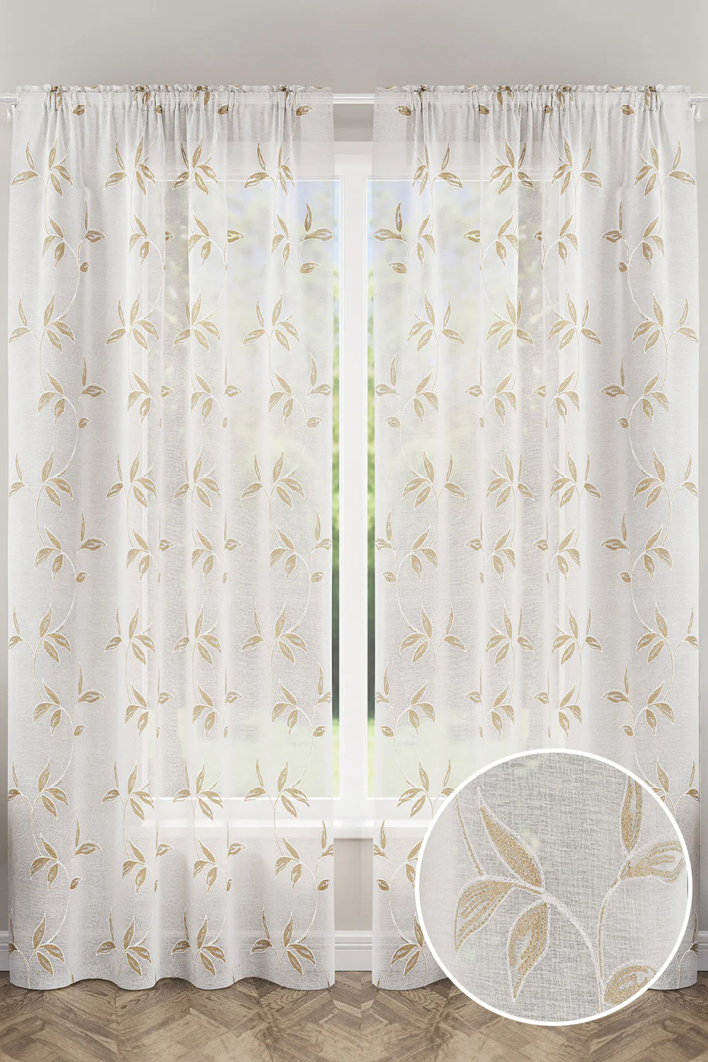 Oasis Natural Embroidered Leaf Design Voile Panels - Pair