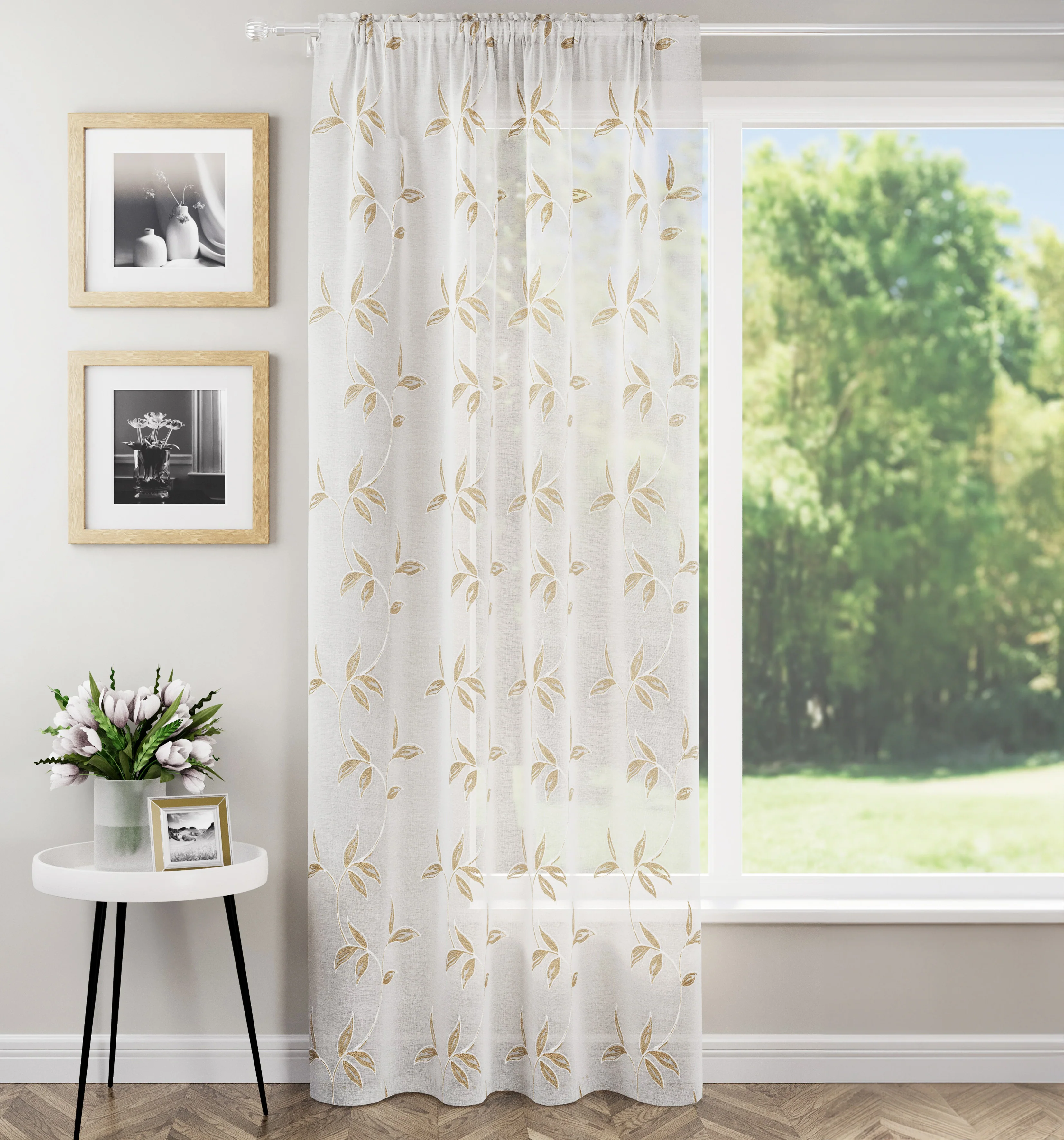 Oasis Natural Embroidered Leaf Design Voile Panels - Pair - Image 5