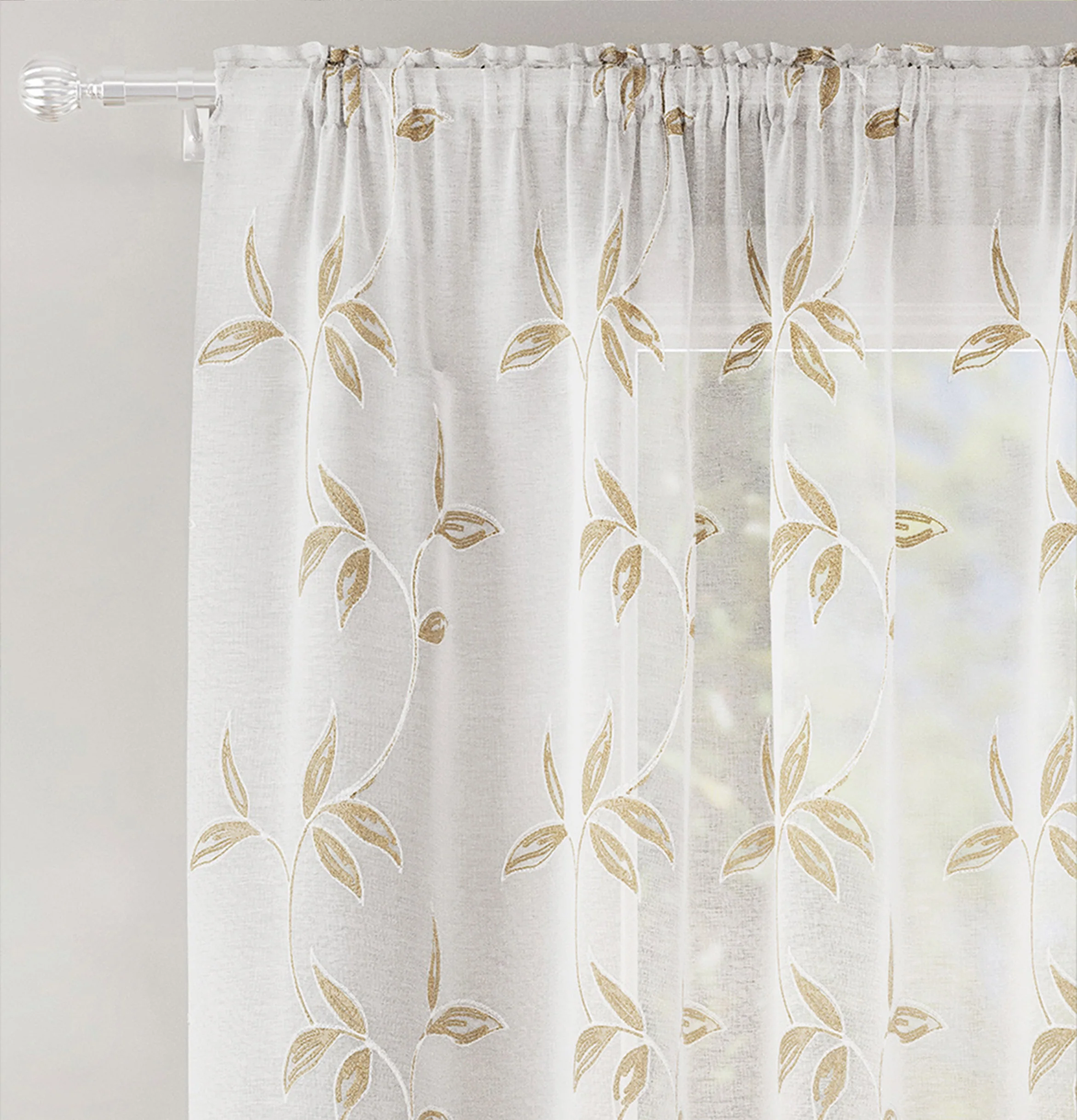 Oasis Natural Embroidered Leaf Design Voile Panels - Pair - Image 6