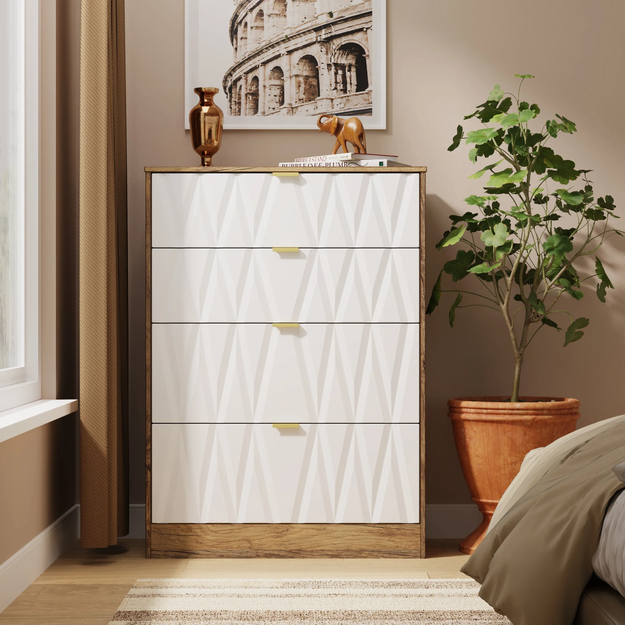 Ottawa Ready Assembled 4 Drawer Deep Chest in White Matt & Vintage Oak