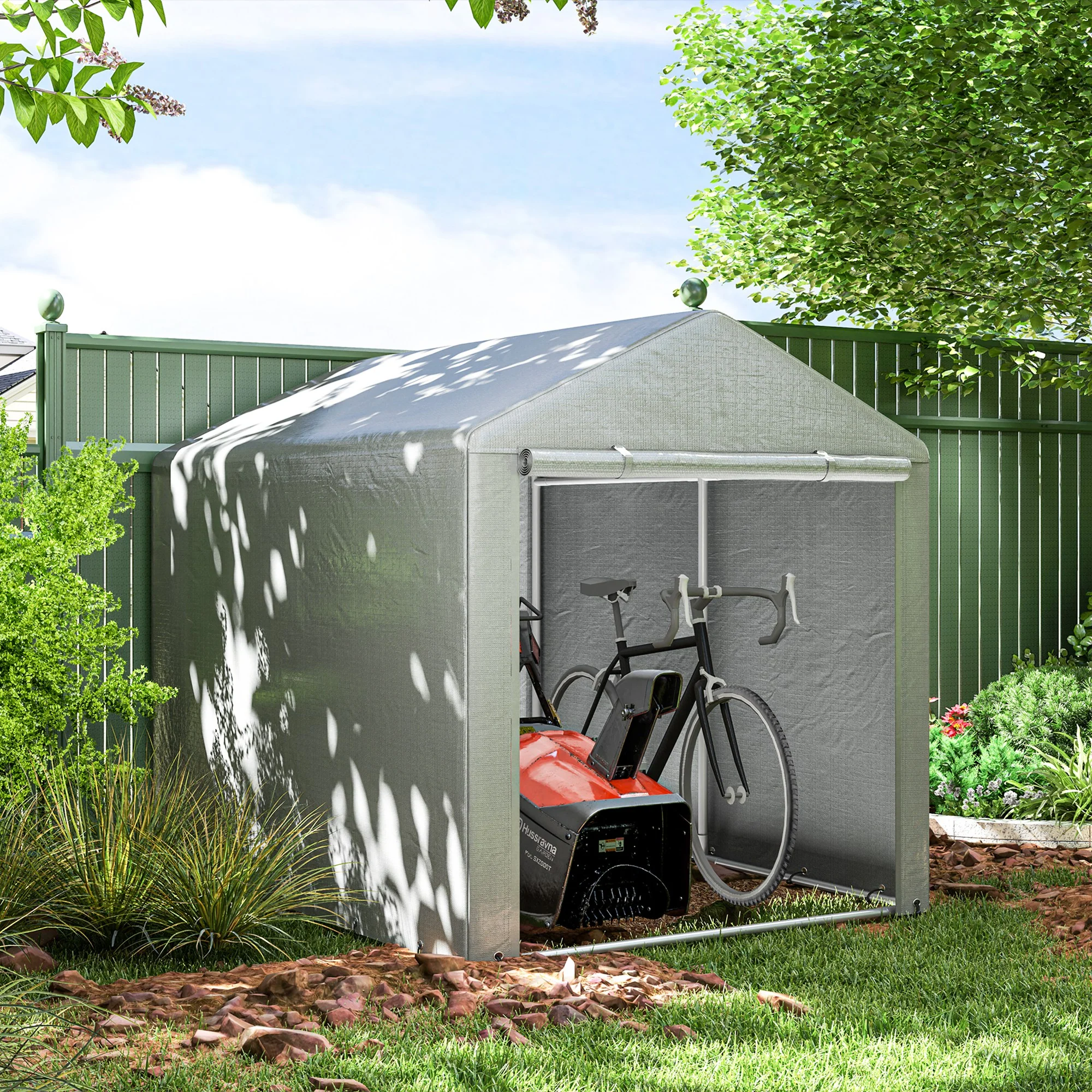 Outsunny 1.6 x 2.2m Garden Storage Shed Portable Shed Tent, Light Grey - Image 2