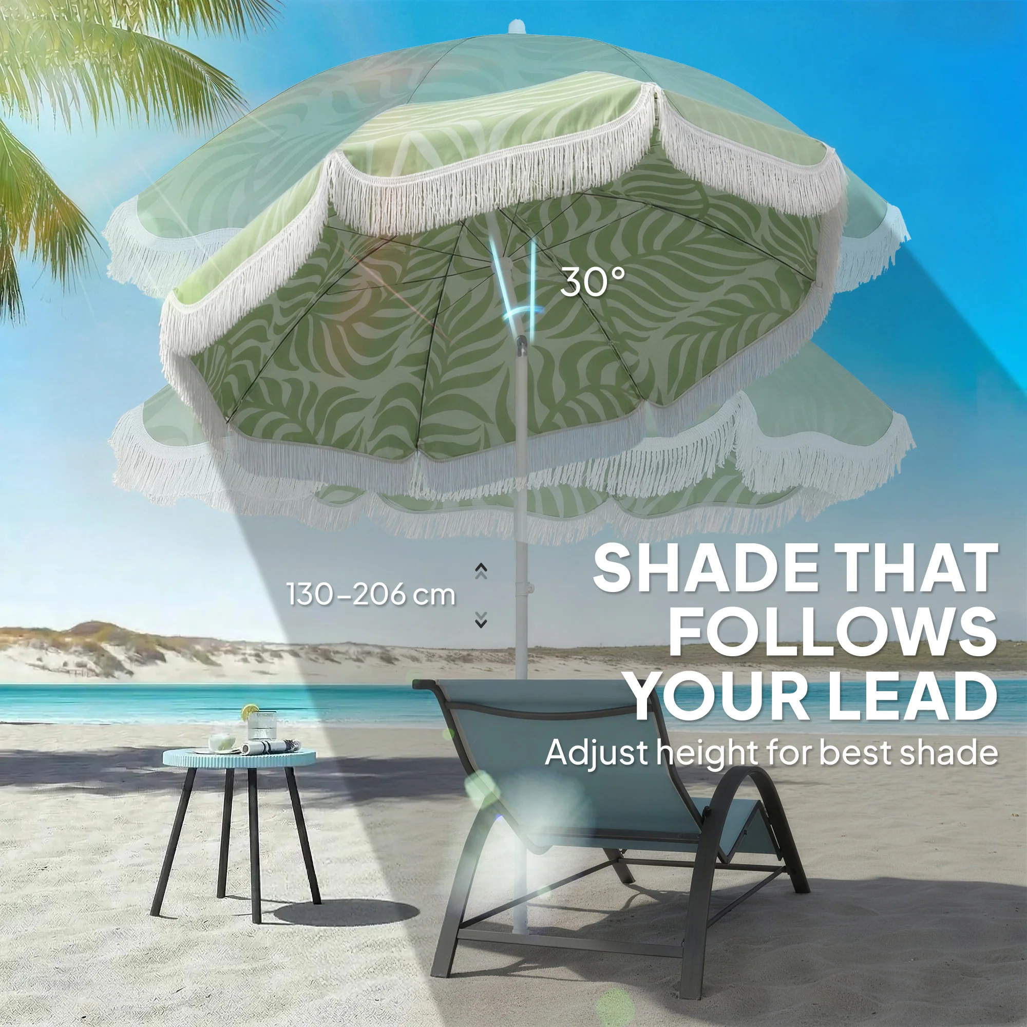Outsunny 1.8 m Beach Umbrella Parasol with Sand Anchor, 30 Tilt, Green - Image 4