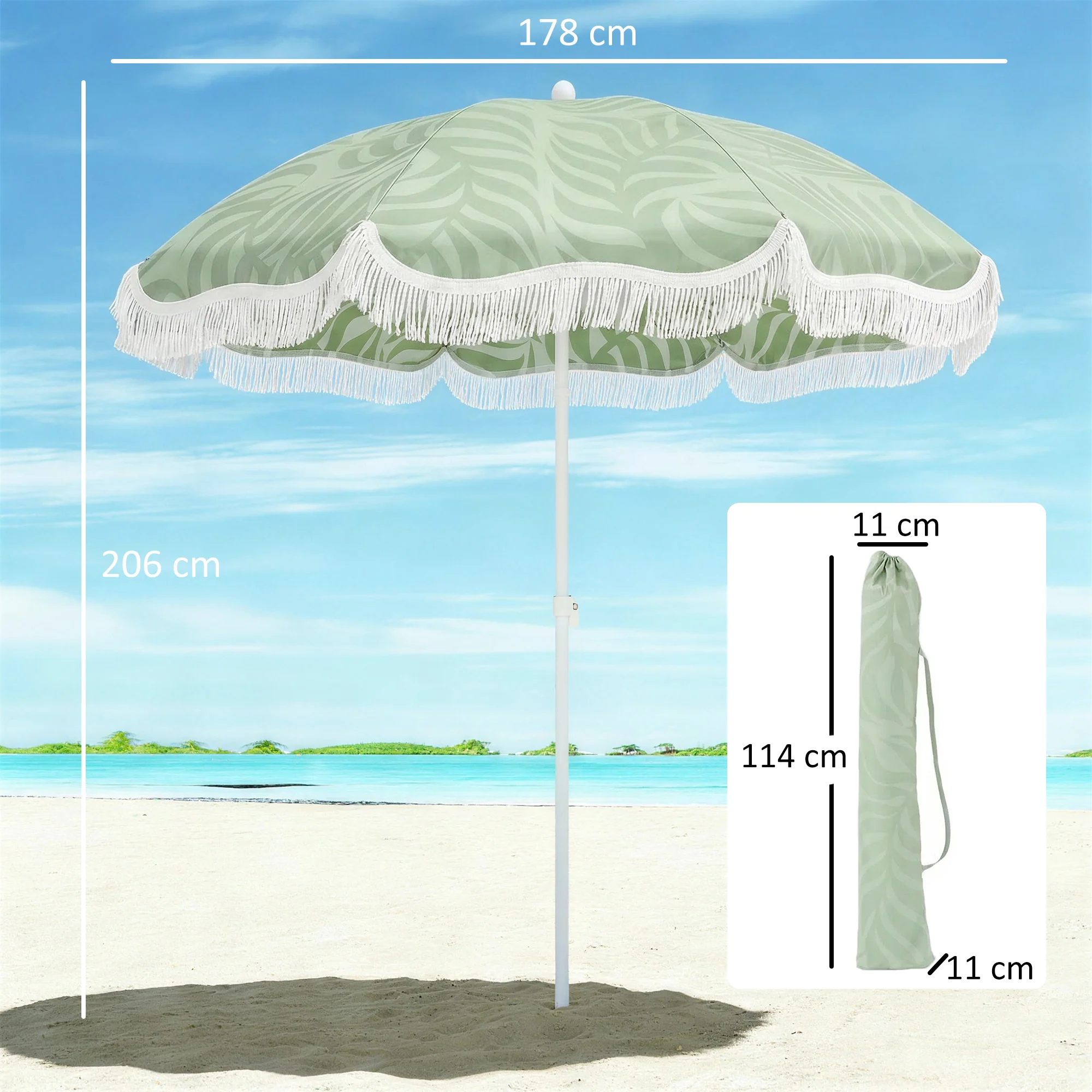 Outsunny 1.8 m Beach Umbrella Parasol with Sand Anchor, 30 Tilt, Green - Image 5