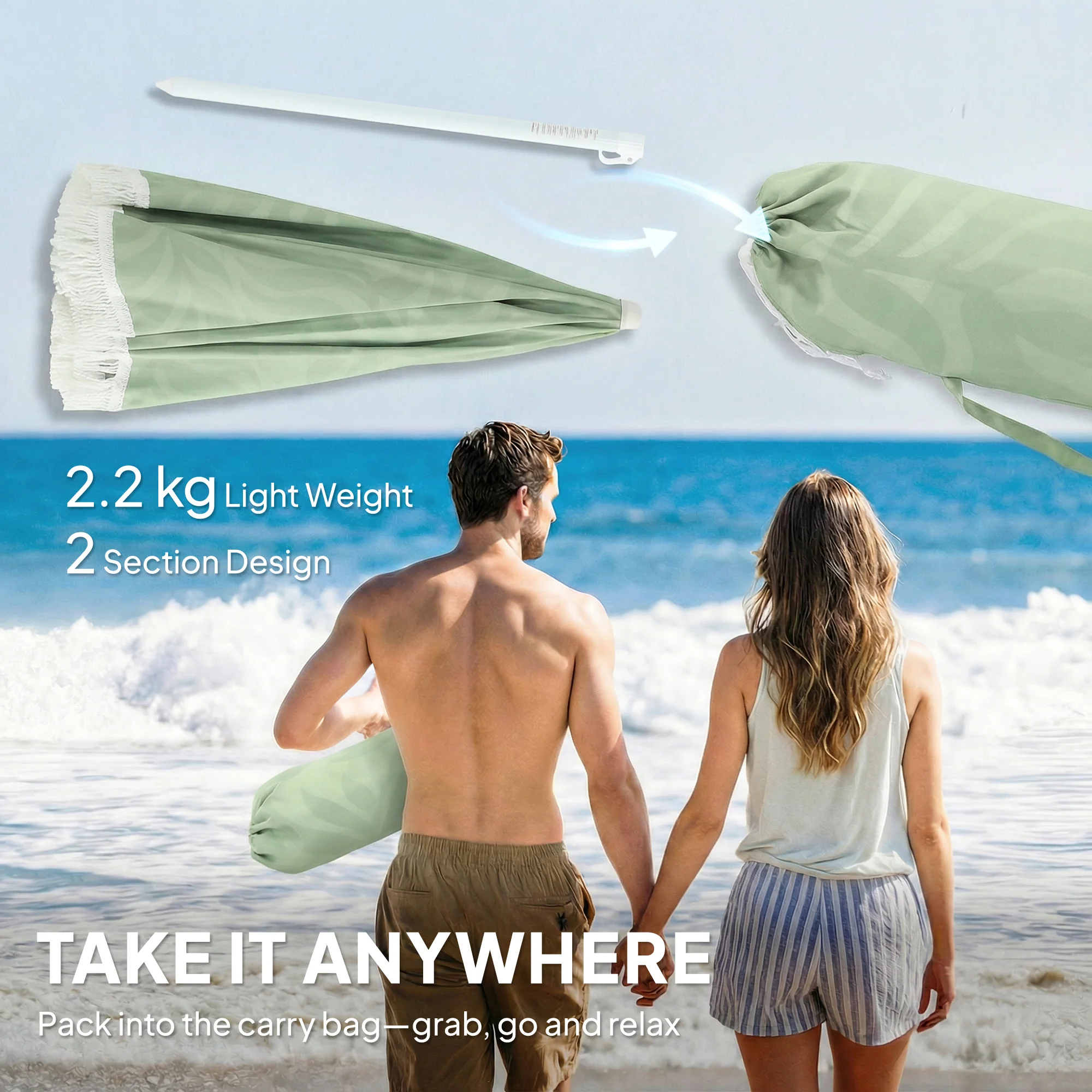 Outsunny 1.8 m Beach Umbrella Parasol with Sand Anchor, 30 Tilt, Green - Image 9