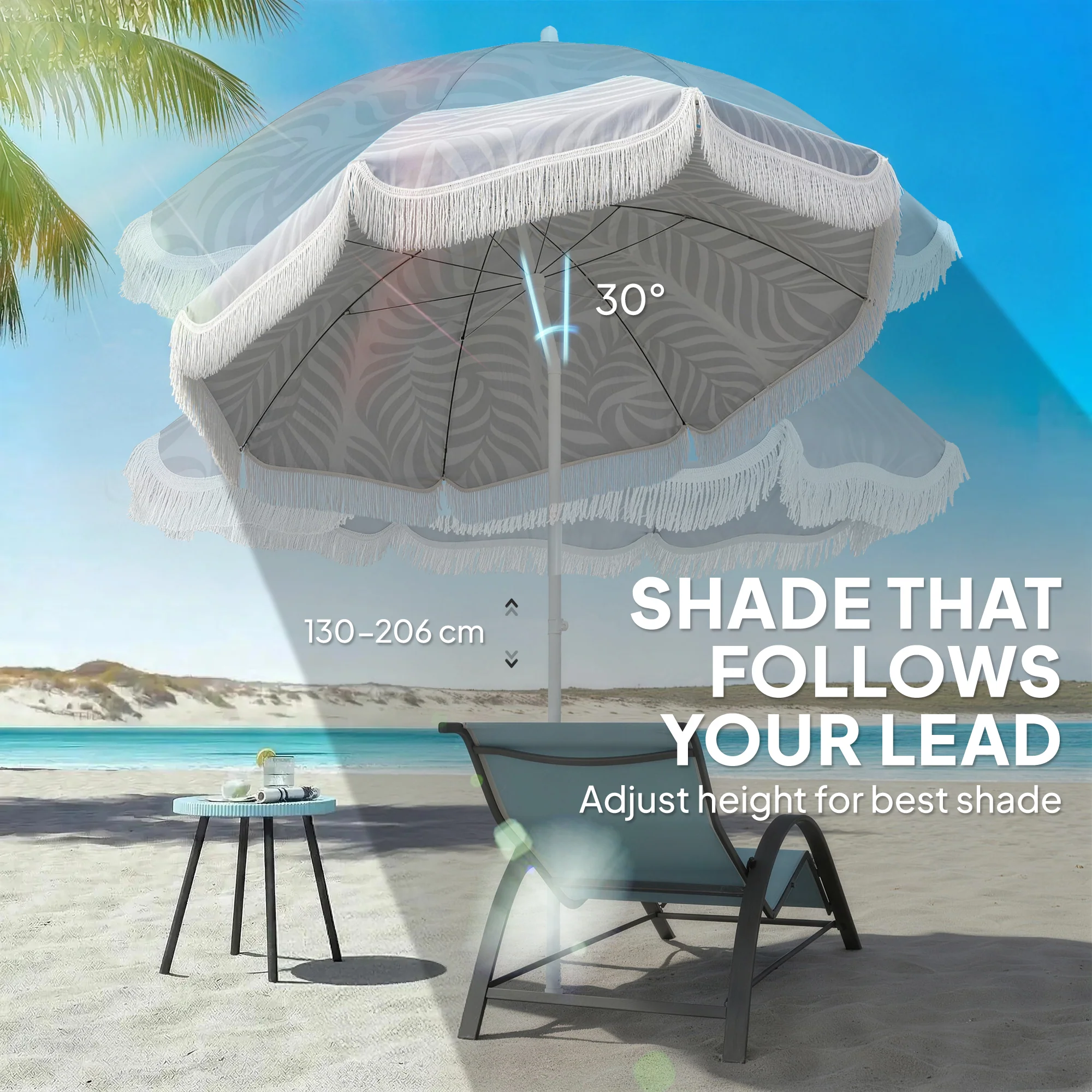 Outsunny 1.8 M Beach Umbrella Parasol With Sand Anchor, 30 Tilt, Light Grey - Image 4