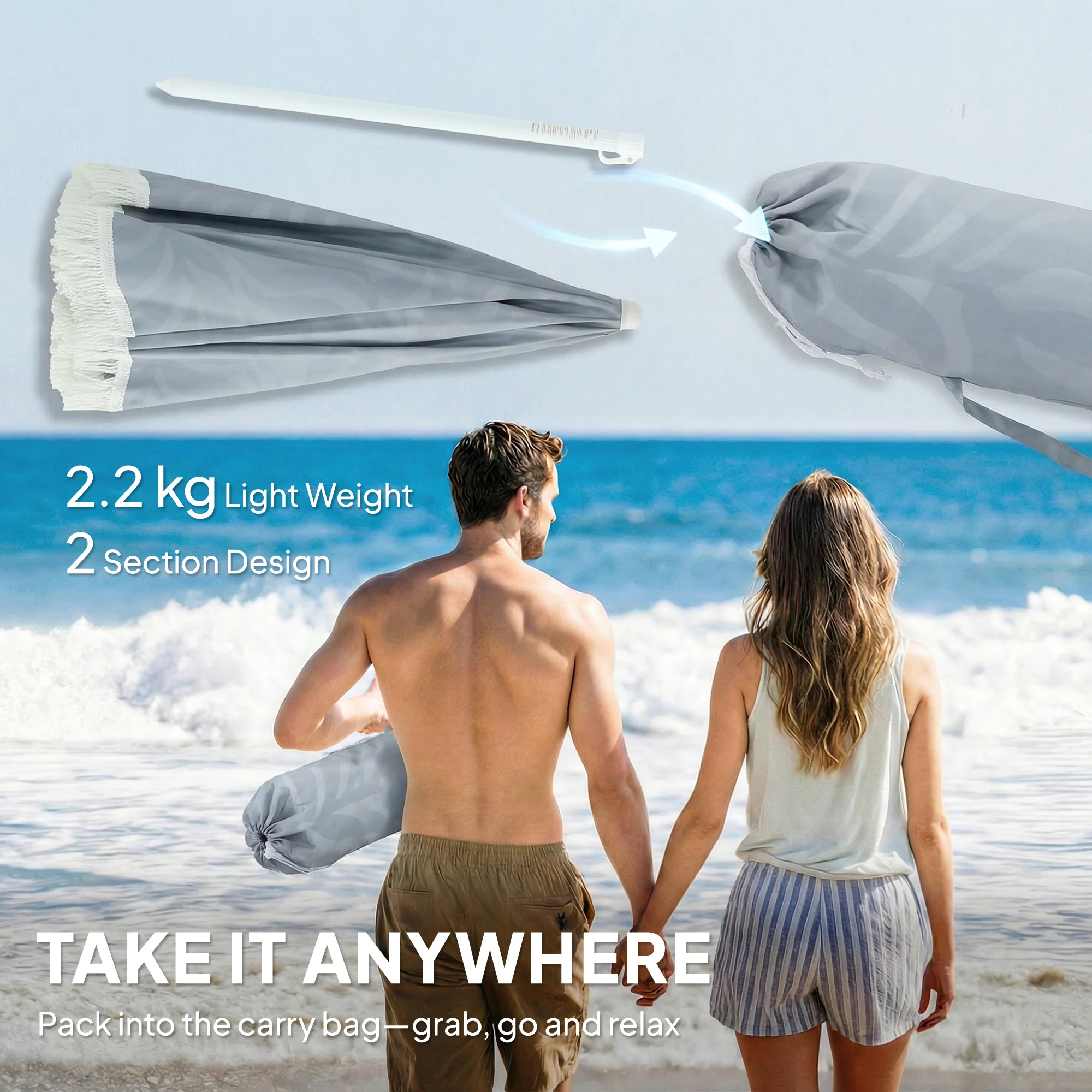 Outsunny 1.8 M Beach Umbrella Parasol With Sand Anchor, 30 Tilt, Light Grey - Image 9