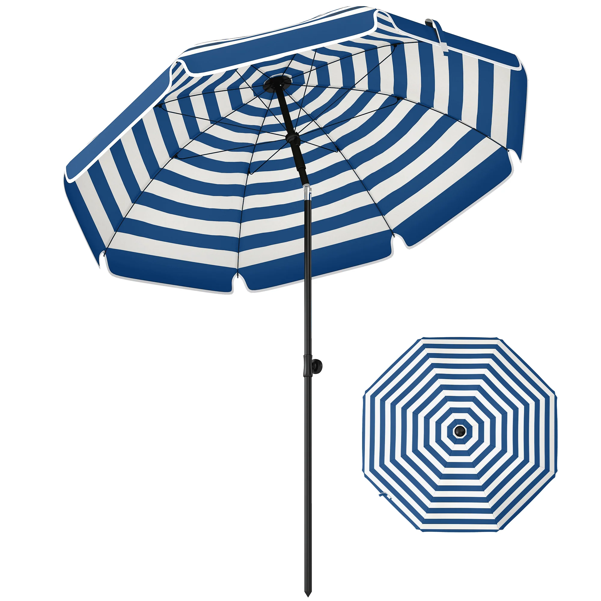 Outsunny 1.8 m Beach Umbrella Parasol with Sand Anchor, Tilt, Blue/White