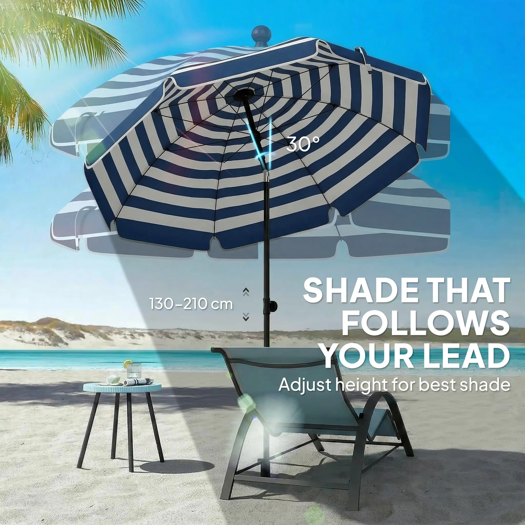 Outsunny 1.8 m Beach Umbrella Parasol with Sand Anchor, Tilt, Blue/White - Image 3