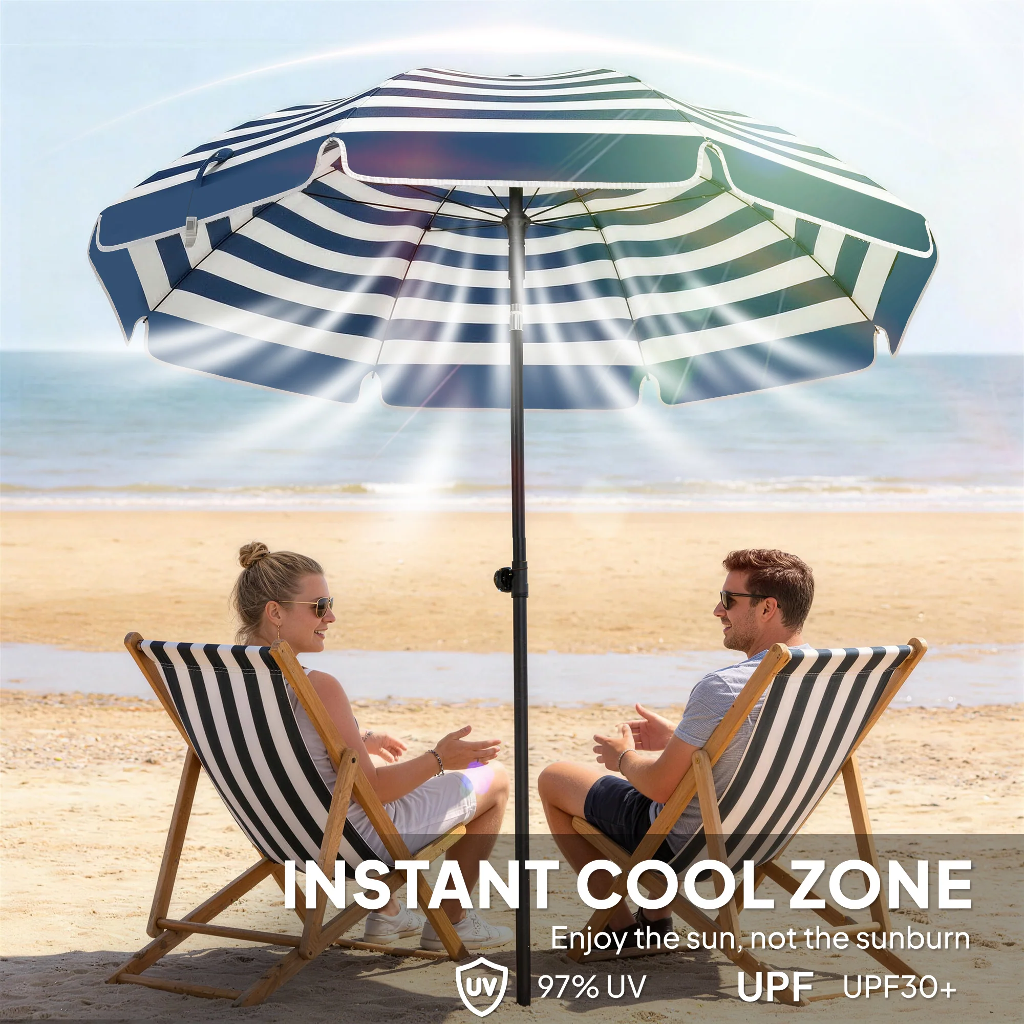 Outsunny 1.8 m Beach Umbrella Parasol with Sand Anchor, Tilt, Blue/White - Image 4