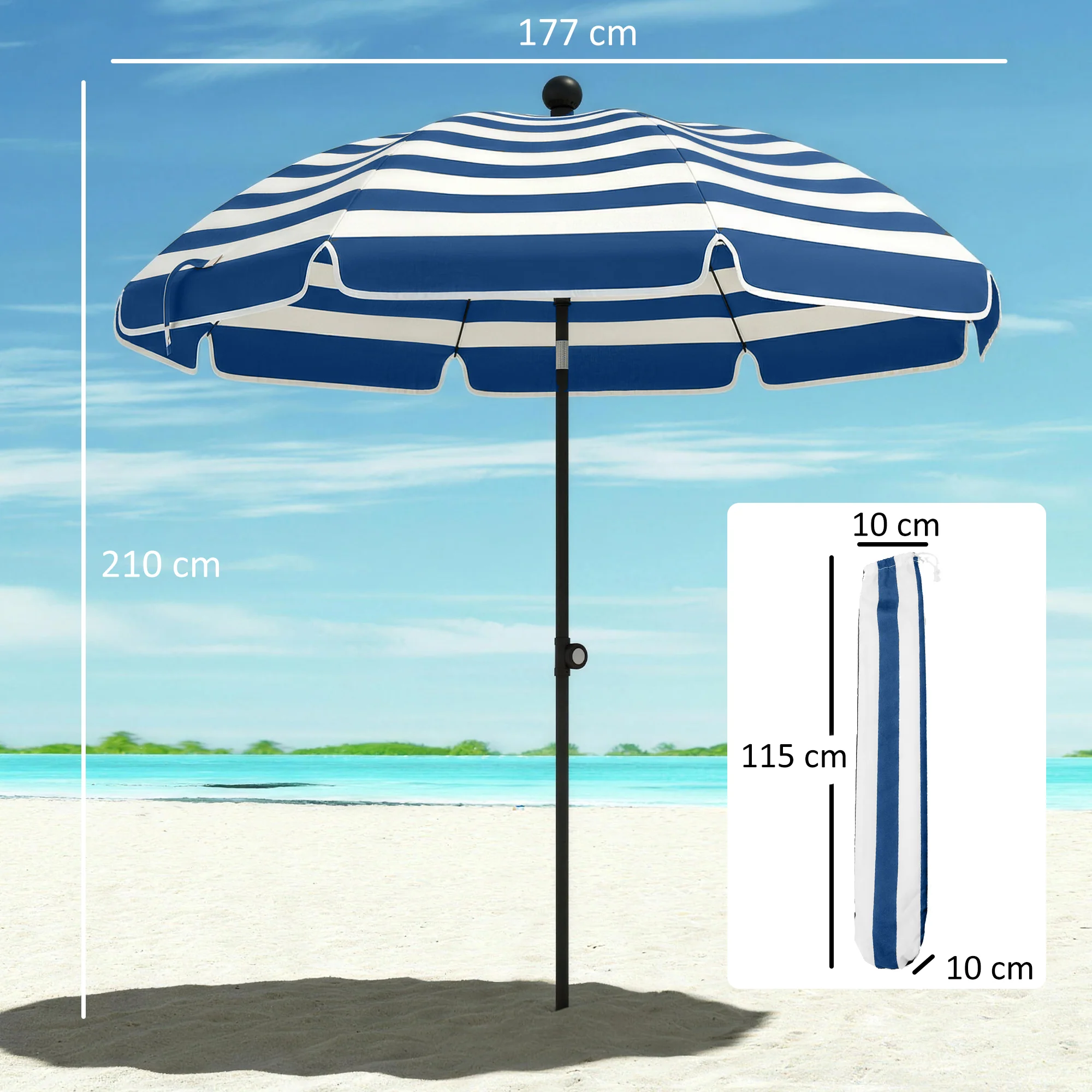 Outsunny 1.8 m Beach Umbrella Parasol with Sand Anchor, Tilt, Blue/White - Image 5