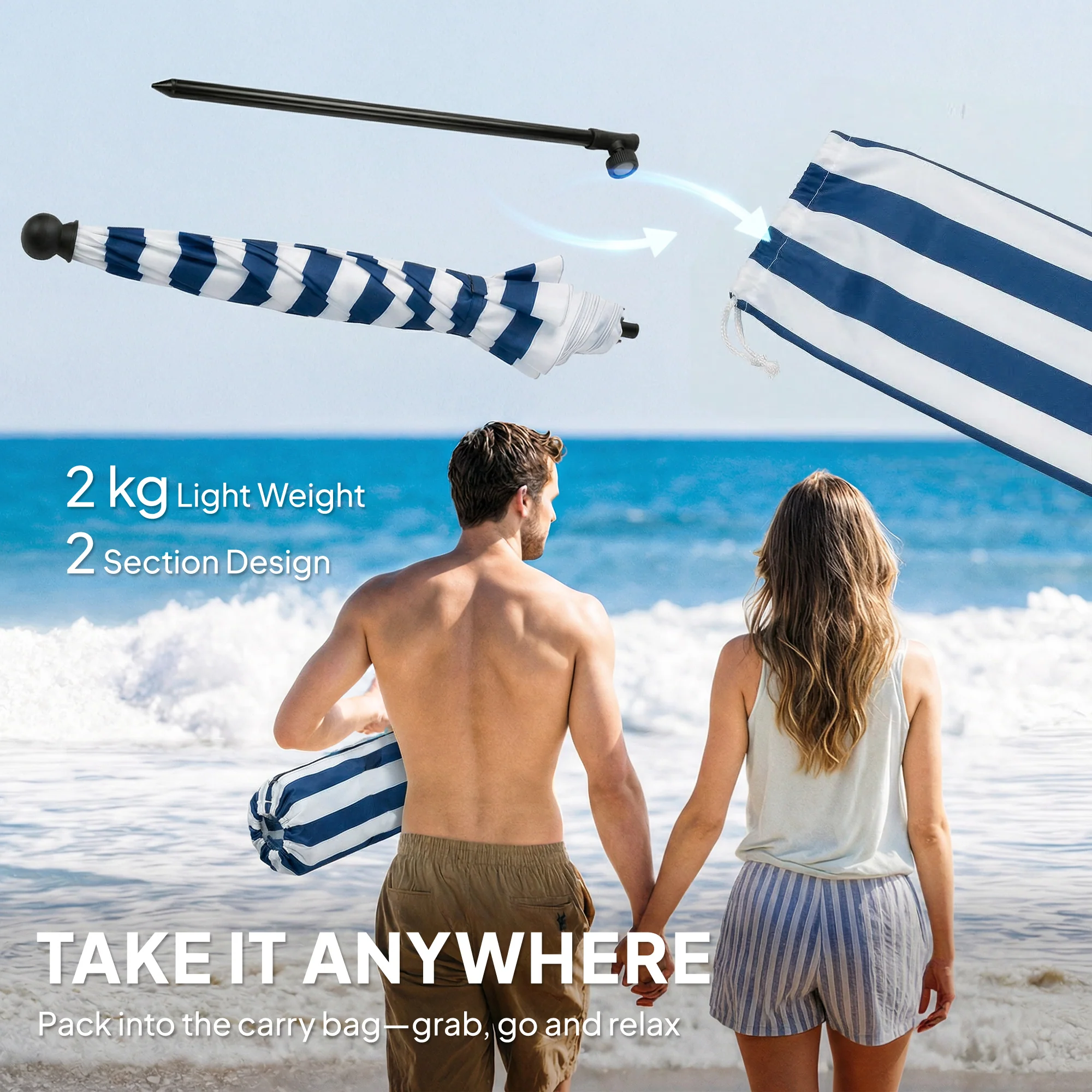 Outsunny 1.8 m Beach Umbrella Parasol with Sand Anchor, Tilt, Blue/White - Image 8