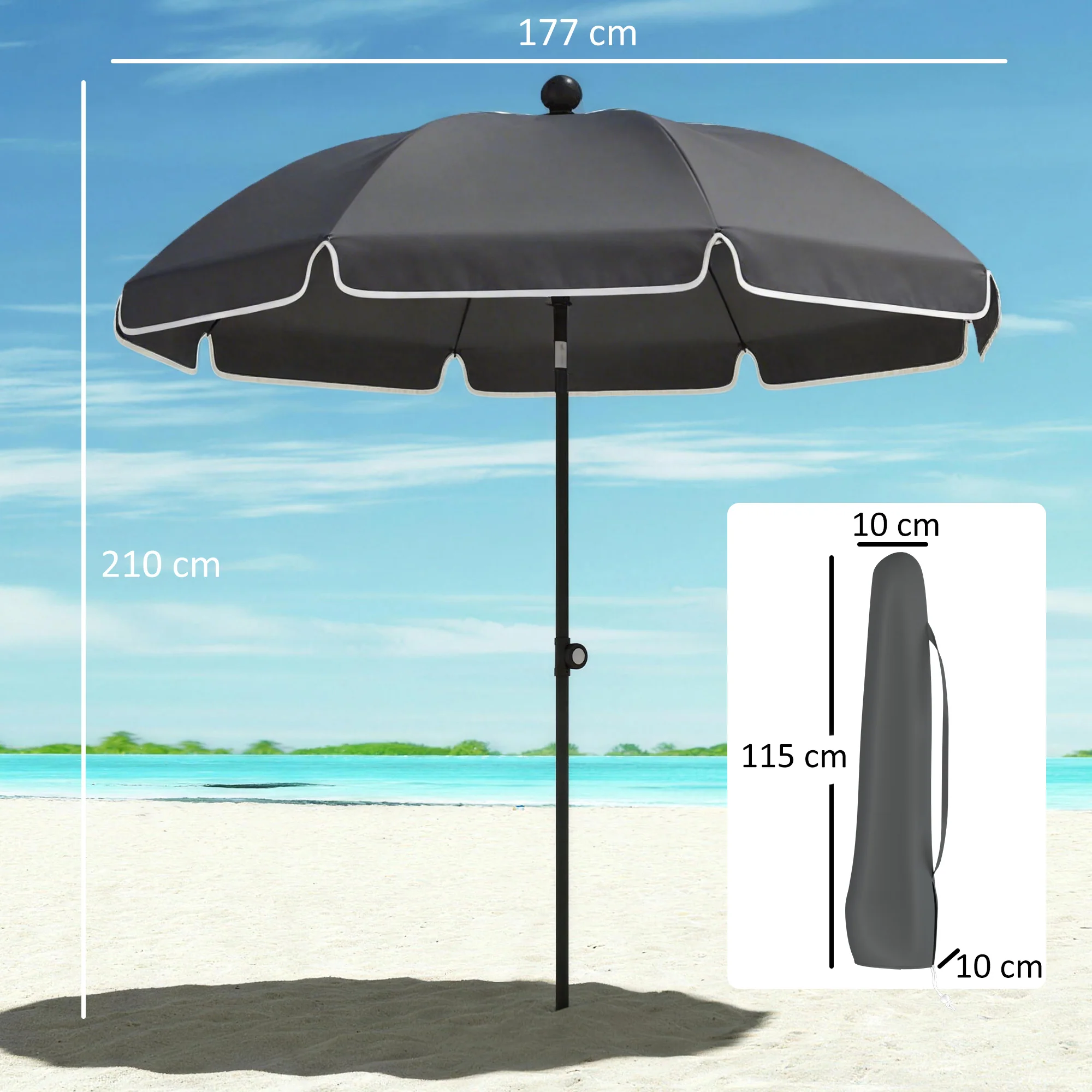 Outsunny 1.8 m Beach Umbrella Parasol with Sand Anchor, Tilt, Dark Grey - Image 5