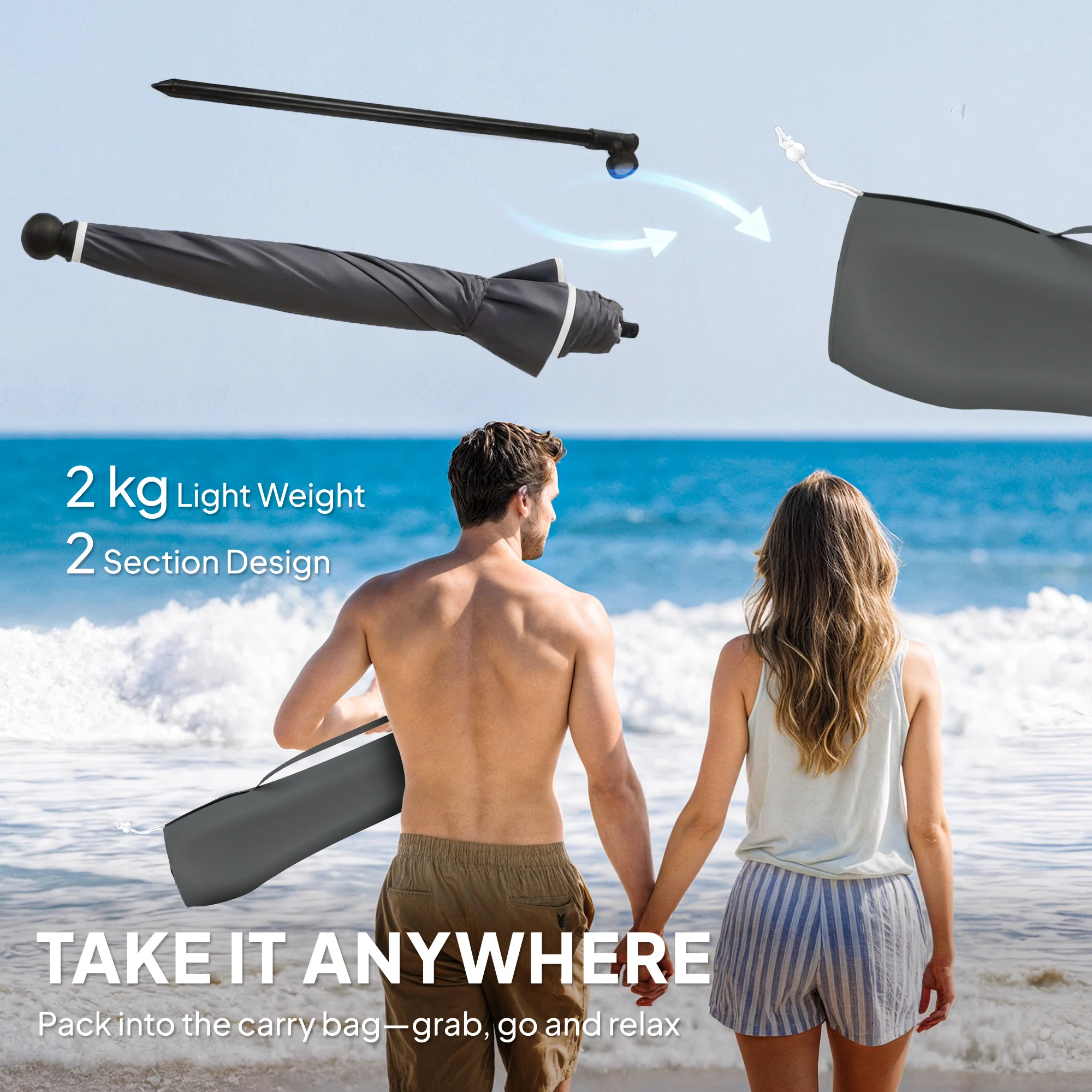 Outsunny 1.8 m Beach Umbrella Parasol with Sand Anchor, Tilt, Dark Grey - Image 8