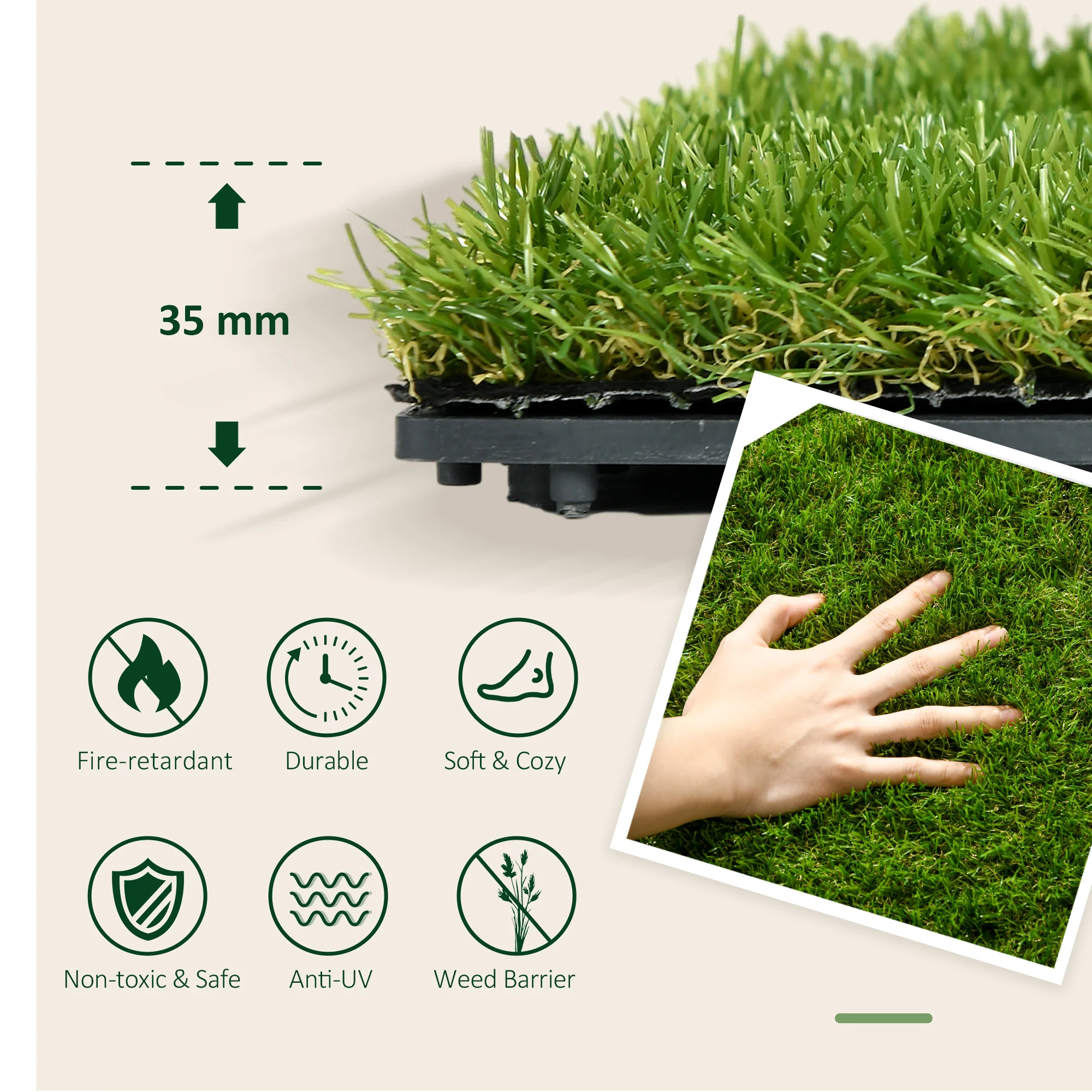 Outsunny 10-Piece Artificial Grass Set, Weatherproof Turf Tiles, Outdoor Carpet - Image 4