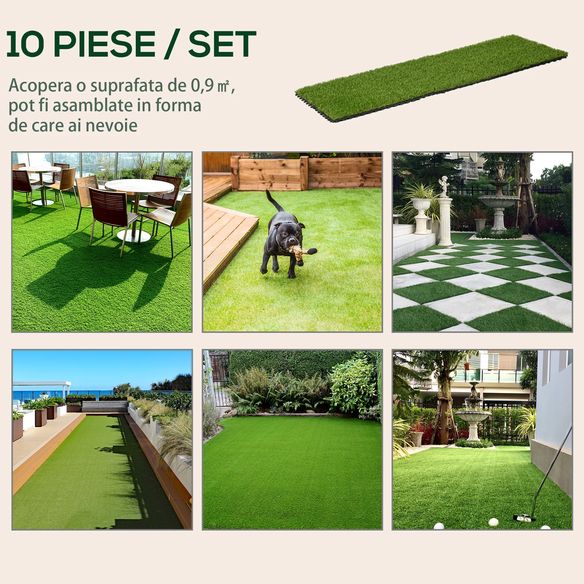 Outsunny 10-Piece Artificial Grass Set, Weatherproof Turf Tiles, Outdoor Carpet - Image 7