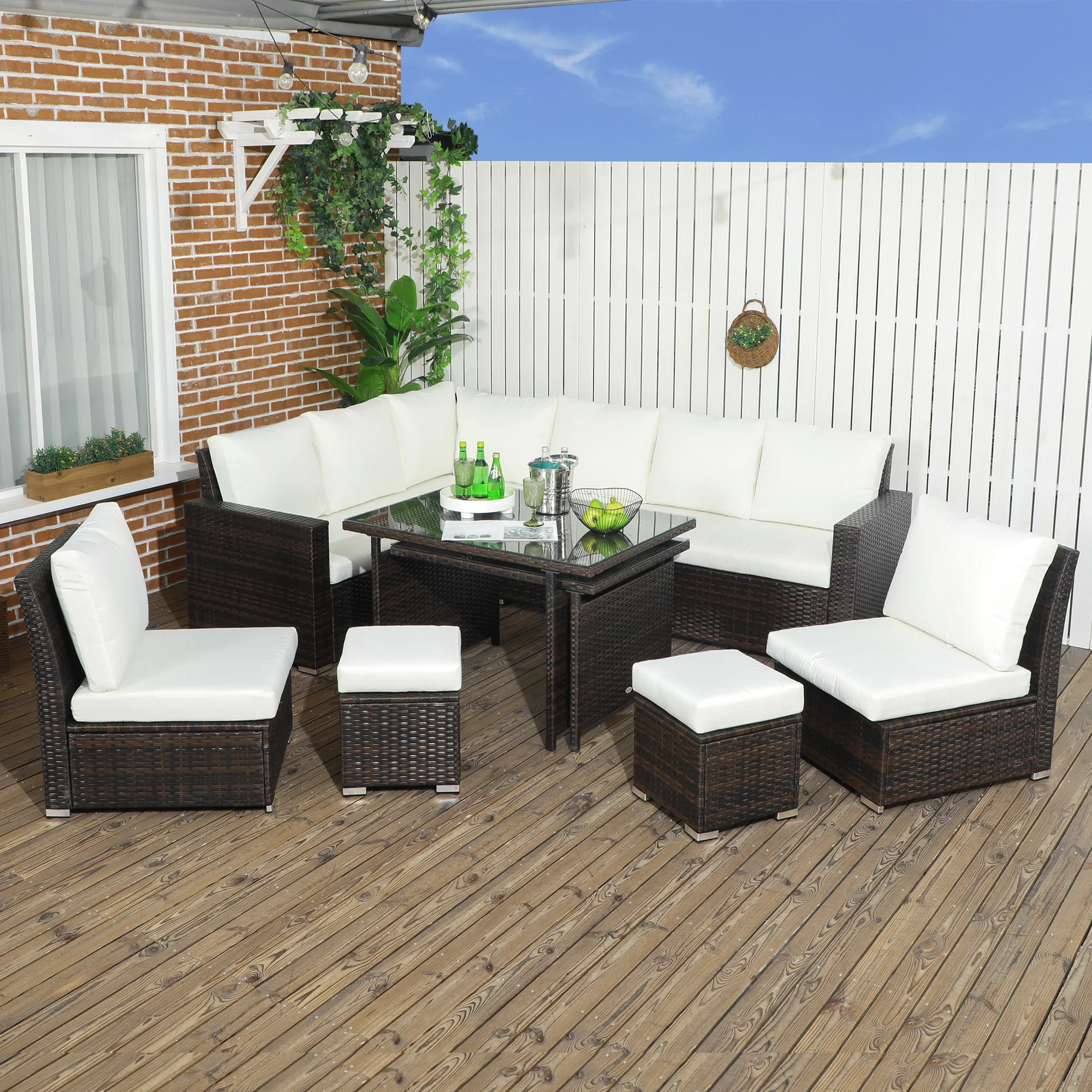 Outsunny 10-Seater Sofa Sectional w/ Cushioned Seat, Footstools and Glass Table - Image 2