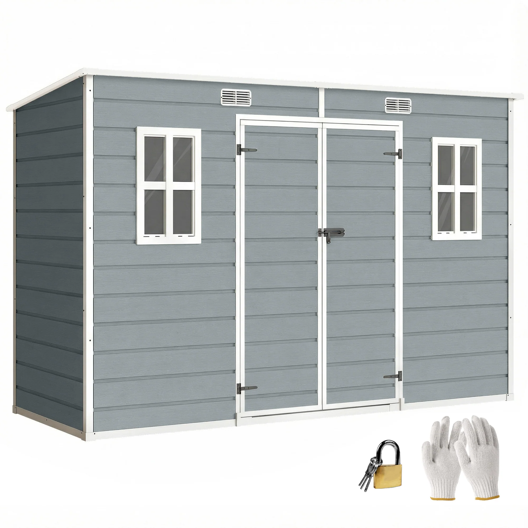 Outsunny 10 X 4 Ft Plastic Garden Shed With Floor, Lockable Doors, Grey